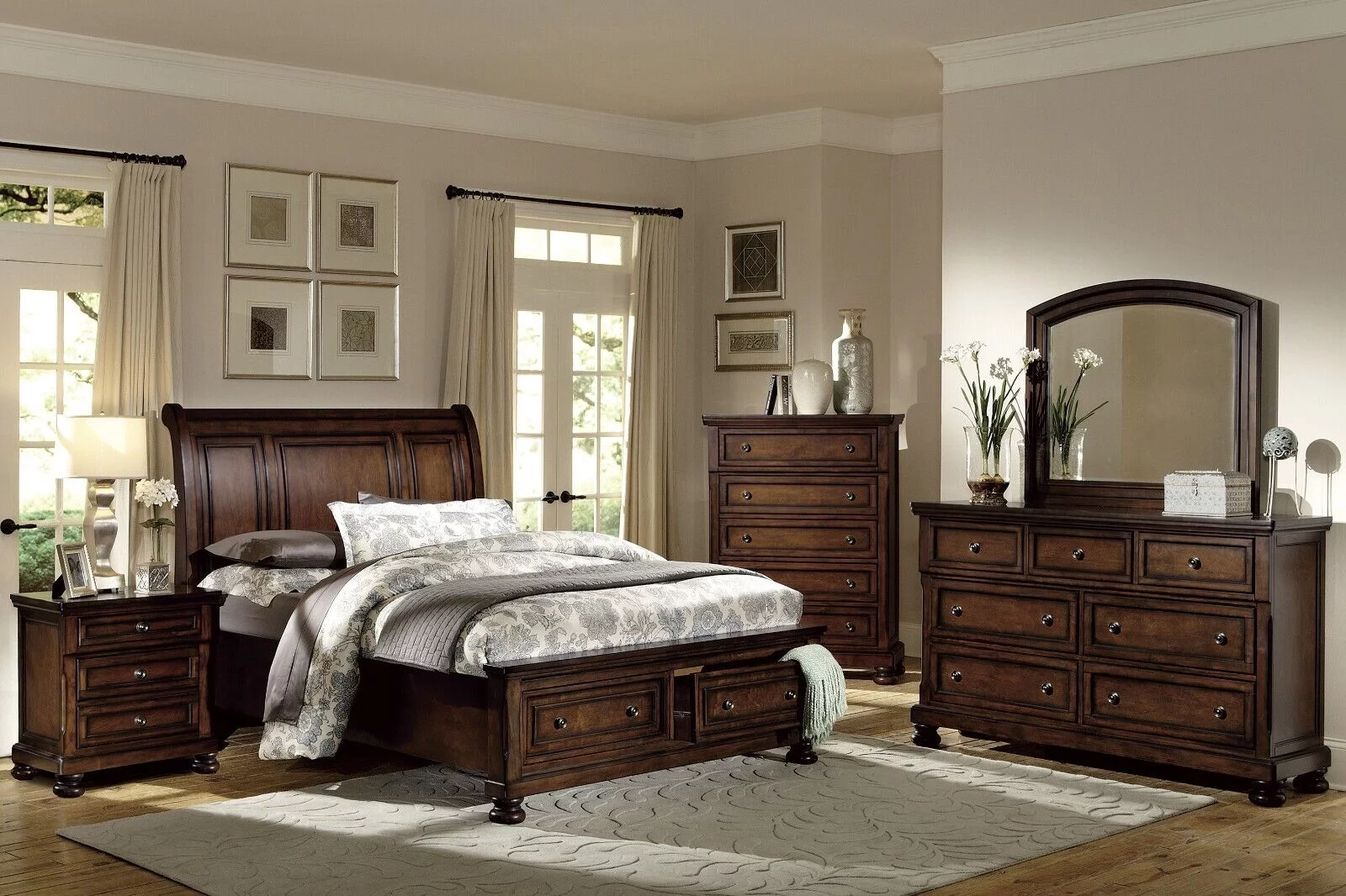 Traditional Brown Cherry Finish 4pc King Platform Bed Footboard Storage Bedroom Set Nightstand Dresser Mirror