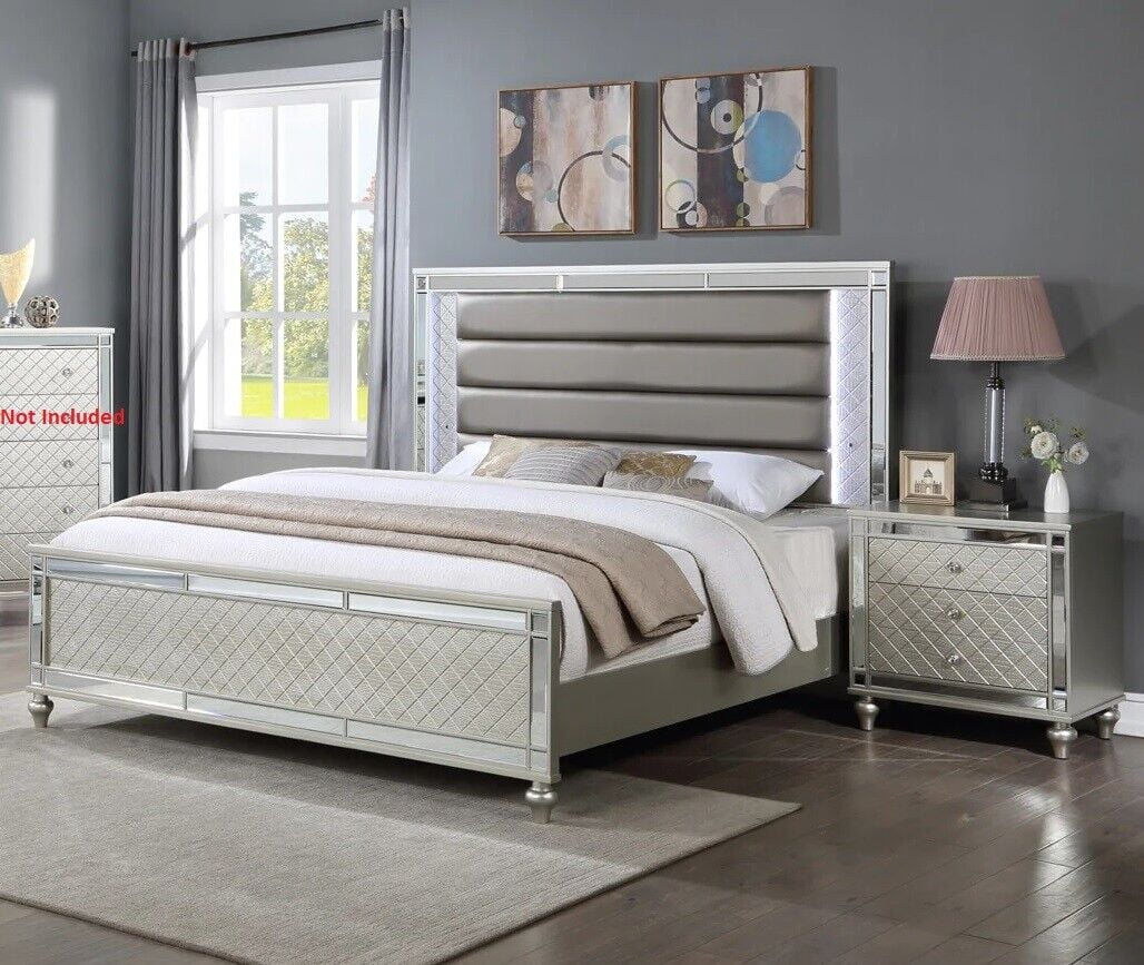 Modern Glam Style 3pc Queen Size Upholstery LED Bed and Nightstands Wooden Master Bedroom Furniture Set
