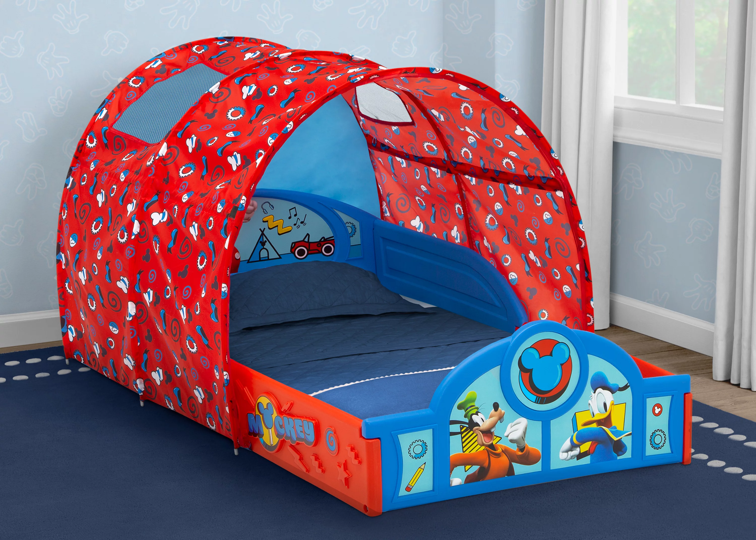Disney Mickey Mouse Sleep and Play Toddler Bed with Tent by Delta Children, Blue/Red