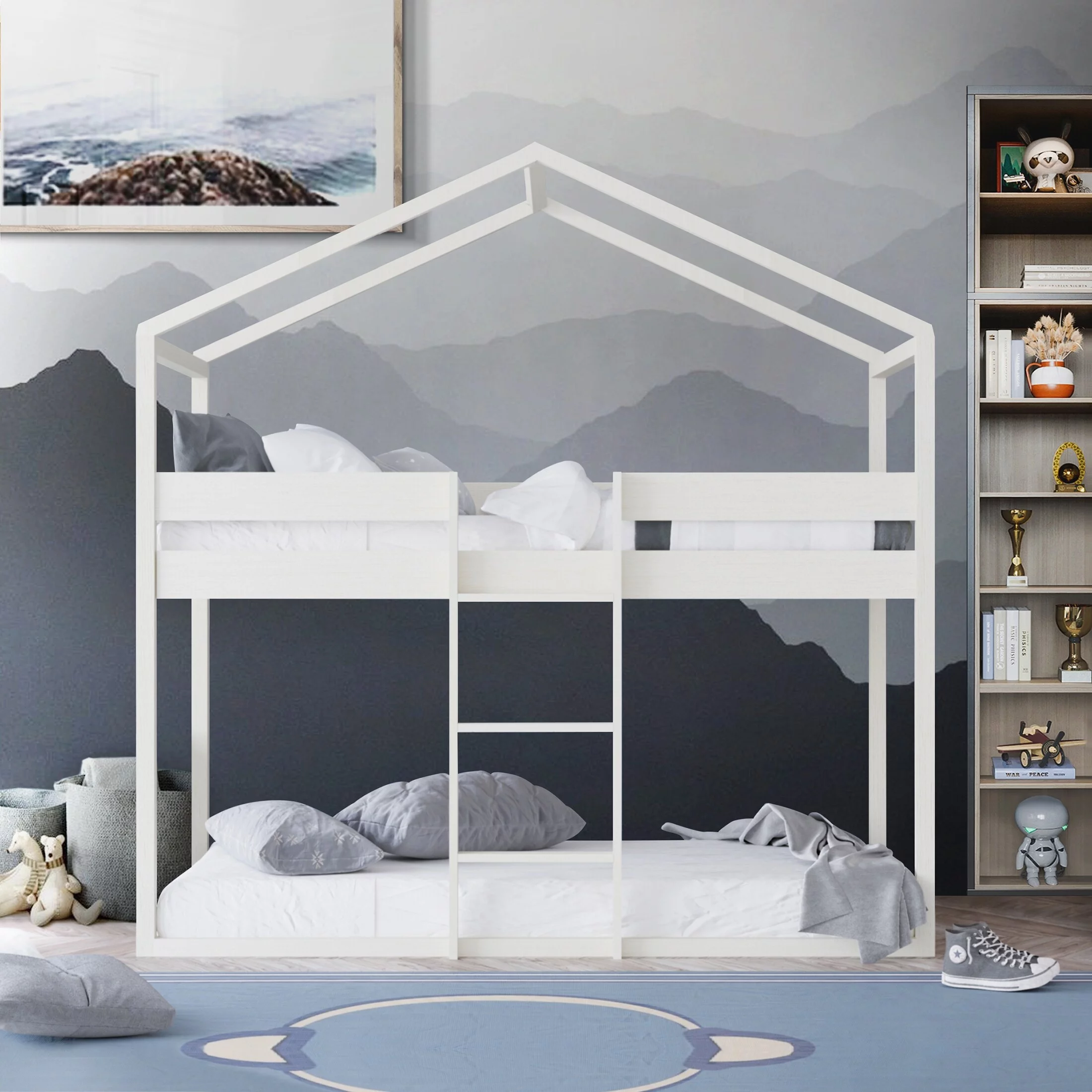 CraftPorch Adorable House-shaped Twin over Twin size Wooden Bunk Bed Antique Grey