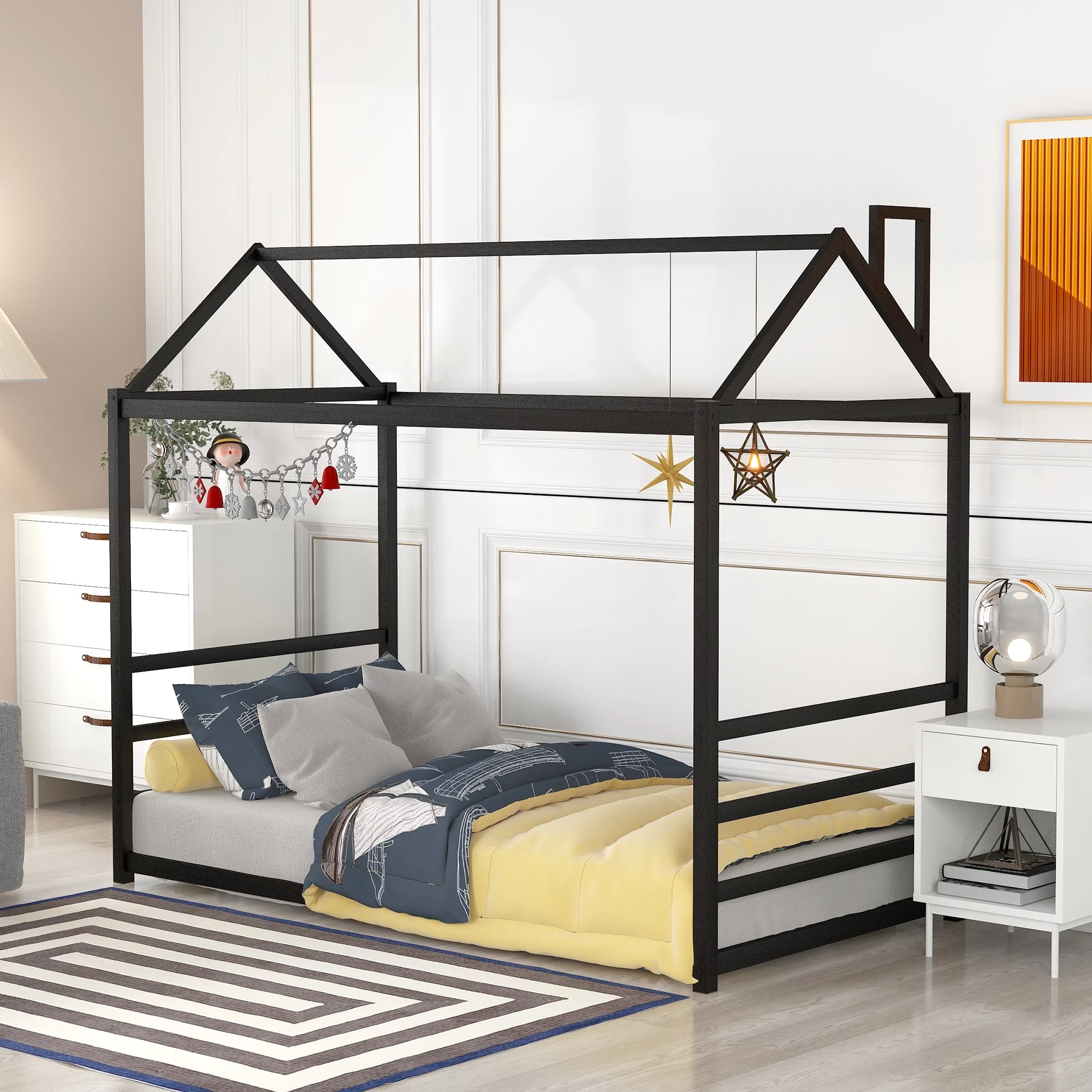 Metal Tent Bed with Roof and Chimney Design for Toddlers, Twin House Beds for Kids, Metal Floor Bed Frame Bedroom Furniture for Girls Boys