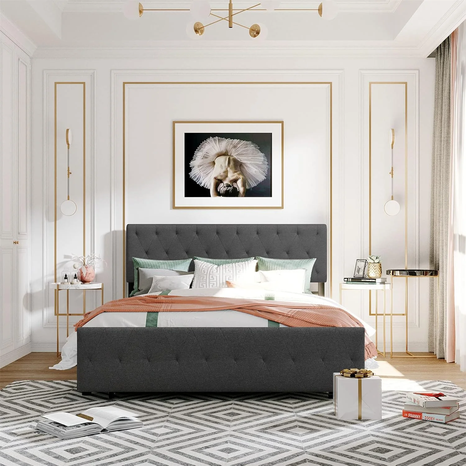 Queen Bed Frame With Drawers, Queen Size Bed Frame With Storage, Metal Queen Platform Bed With Tufted Headboard And Footboard, No Box Spring Needed,Gray
