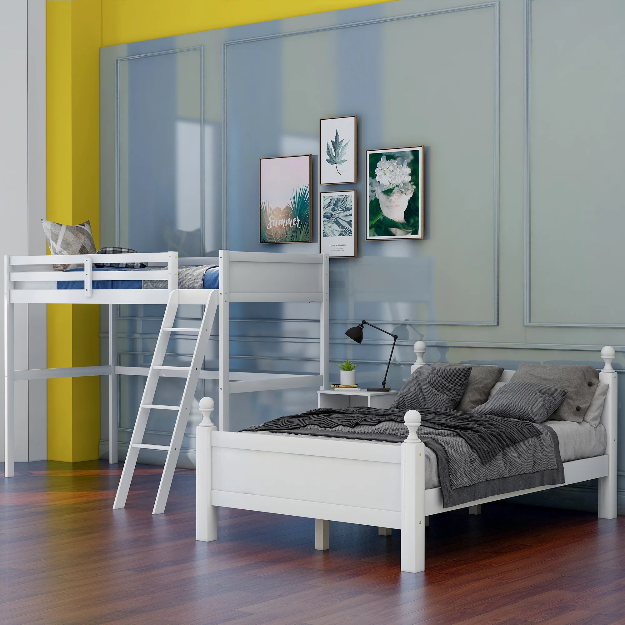 LANTRO JS Twin over Full Loft Bed with Cabinet, White
