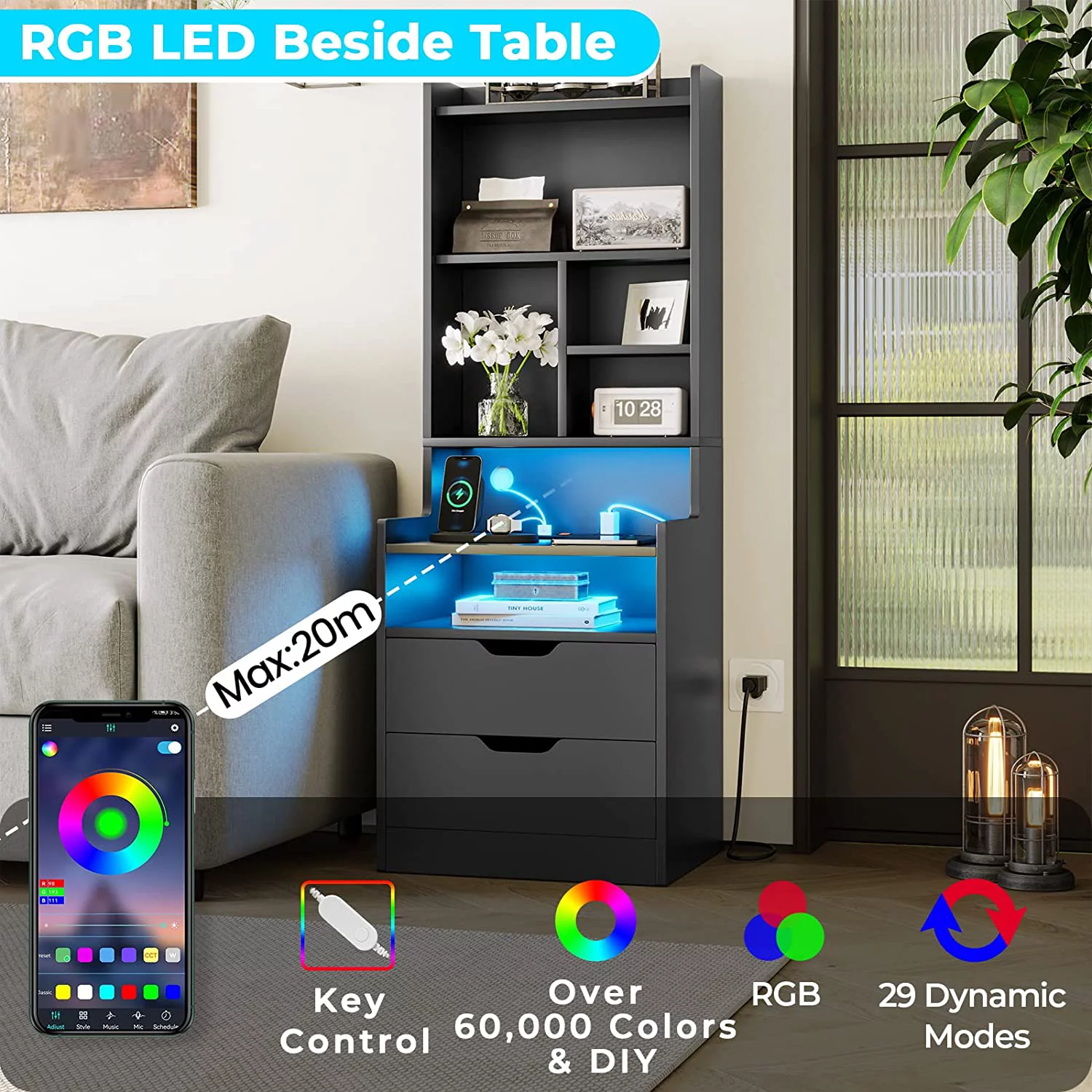 Tall Nightstand with Charging Station and LED Lights, Black Night Stand with Bookshelf, Bedside Table for Bedroom