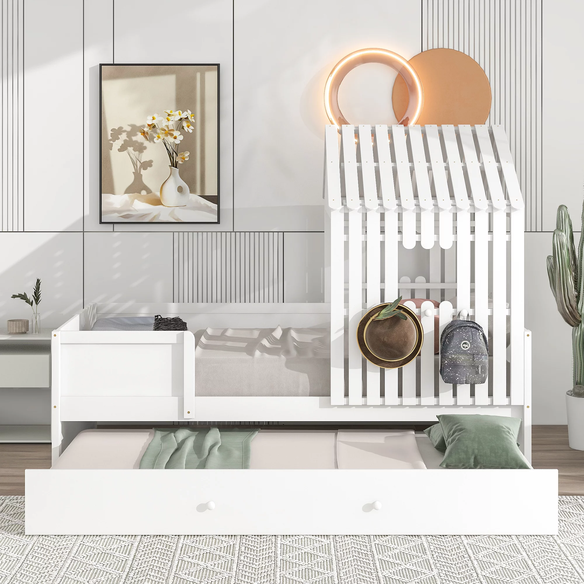 Twin Size House Bed with Trundle, Wood House Bed Frame with Wood Slat Support and Roof Design, No Box Spring Required, for Gilrs Boys Teens, White