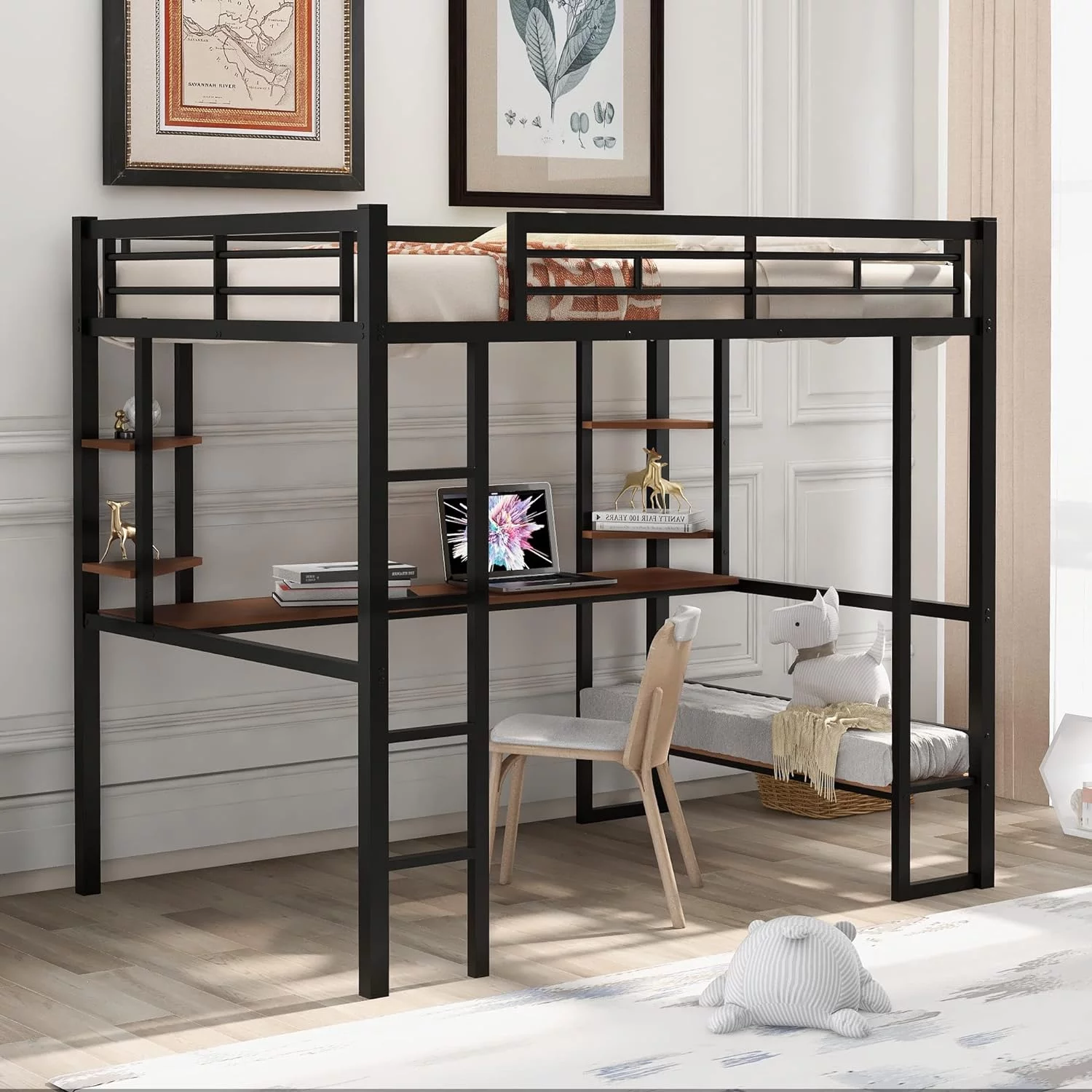 Full Size Meal Lof Bed Wih Log Desk, Heavy Duy Lof Bed Frame Wih 4 Sorage Shelves, Safey Rails For Kids ees Aduls, o Box Sprig eeded (Full, Black)