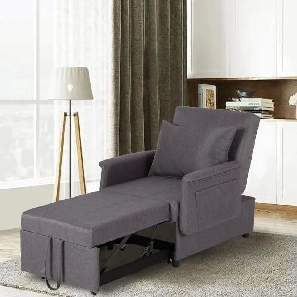 RUNFAYBIU Pull Out Sofa Bed 3-in-1 Convertible Sleeper Chair Bed w/Adjustable Backrest Tufted Fabric Chaise Lounge Sofa Bed Couch for Apartment Small Space w/Side Pockets (Gray-2)