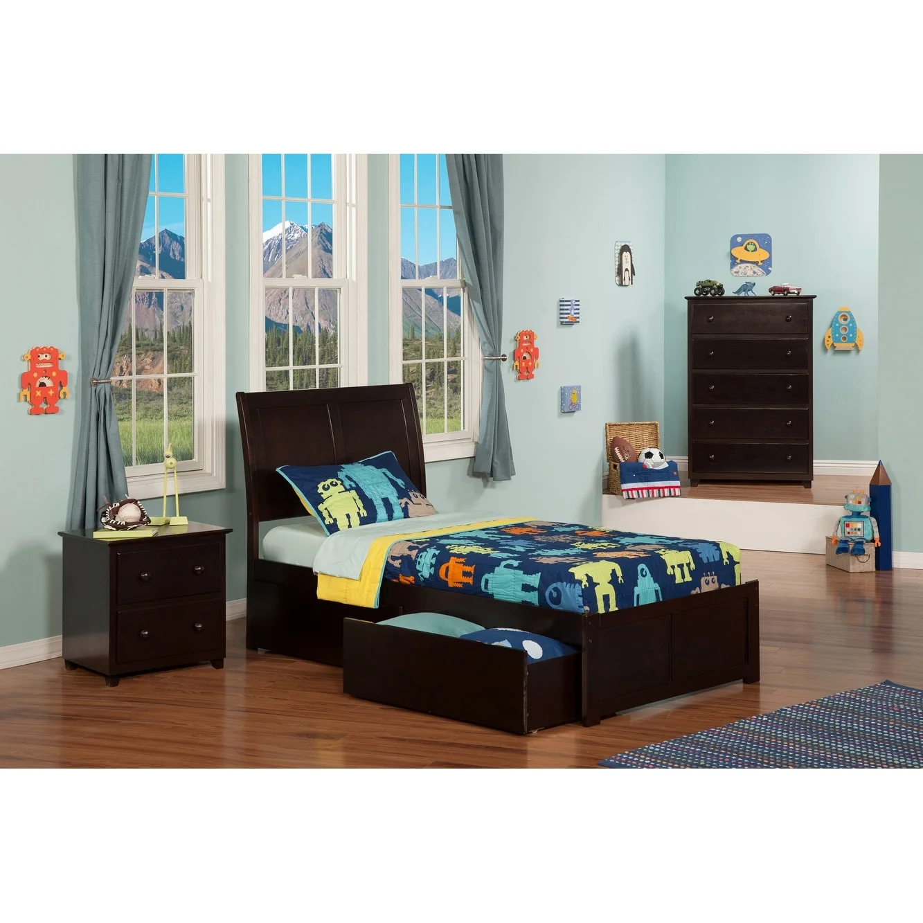 AFI Portland Twin XL Platform Bed with Footboard and 2 Drawers in Espresso