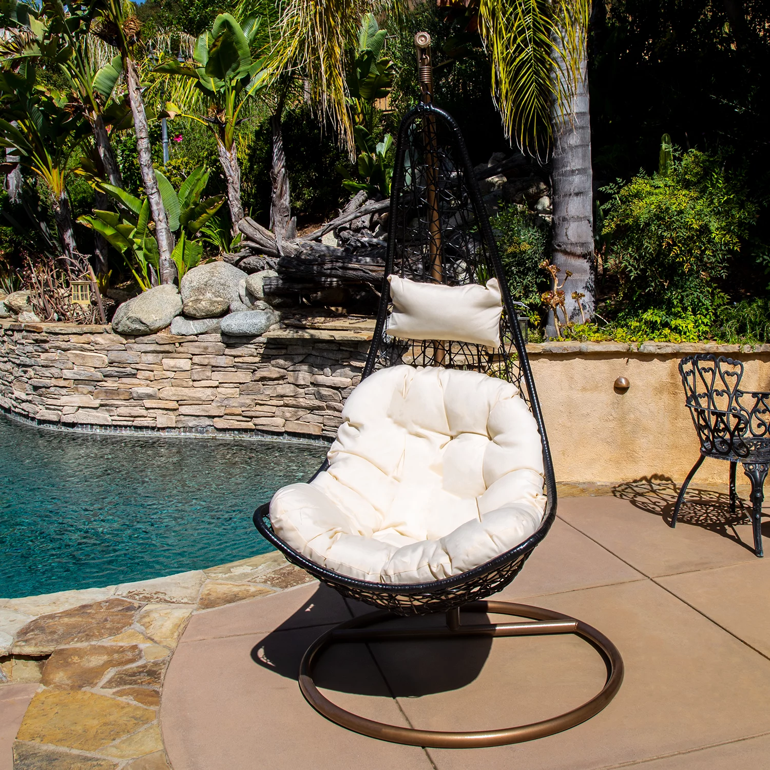 Décor Patio Swing Chair Outdoor Wicker Plastic Half Moon Swing Lounge Chair with Mat & Support Frame - Low & Long Chair Back | Leaf Shape