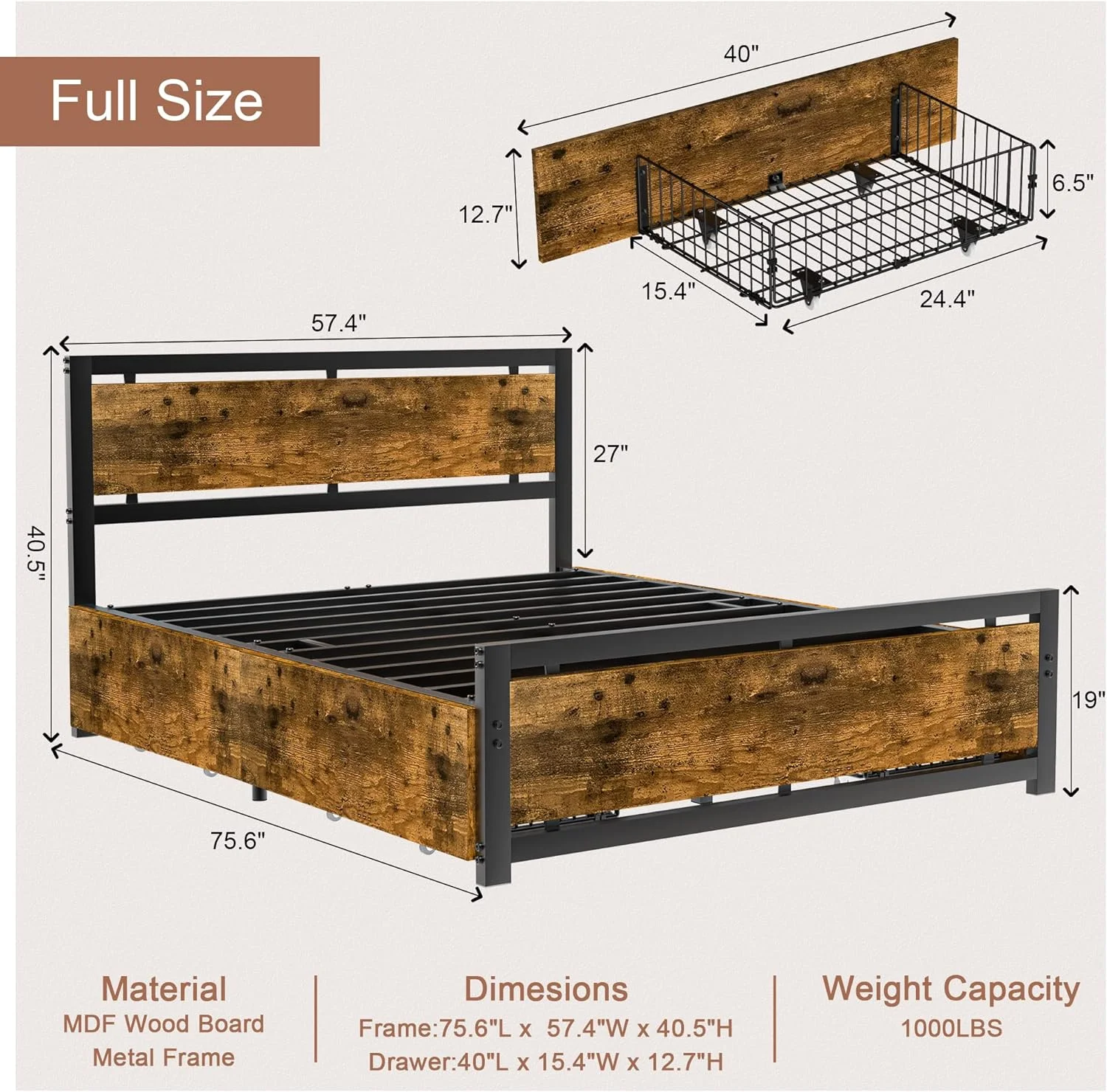 Codesfir Bed Frame with 4 Drawers, Heavy Duty Metal Platform Bed with Headboard and Footboard, 9 Sturdy Support Legs, No Box Spring Needed, Non-Slip, Noise Free, Easy Assembly (Vintage Brown,Full)