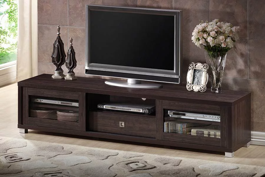 Baxton Studio Beasley 70 - Inch Dark Brown TV Cabinet with 2 Sliding Doors and Drawer