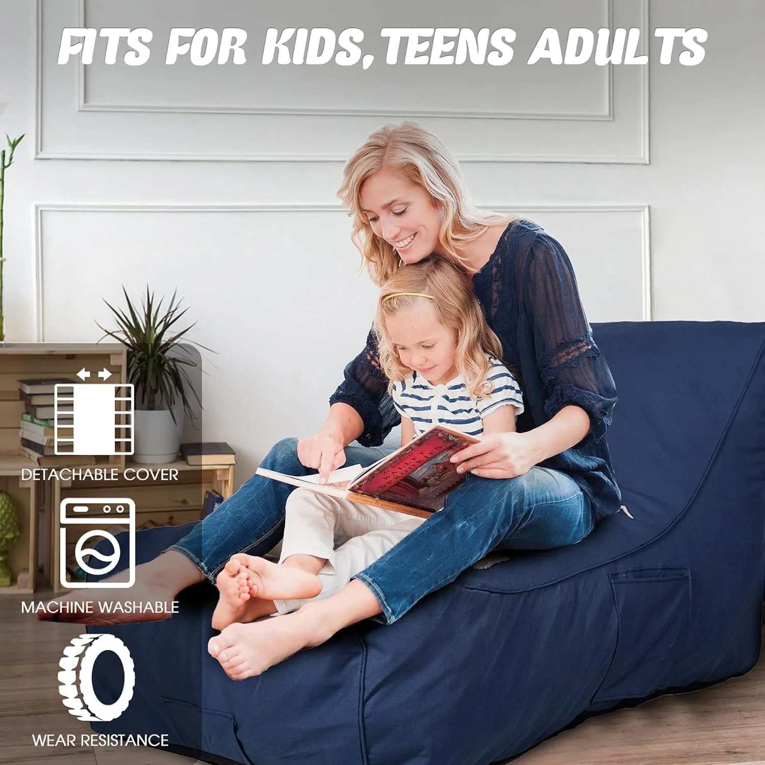 Chaise Lounge Chair Self Expanding Sponge Bean Bag Home Furniture Lazy Relax Comfort Bed Sofa for Adults Kids, Darkblue