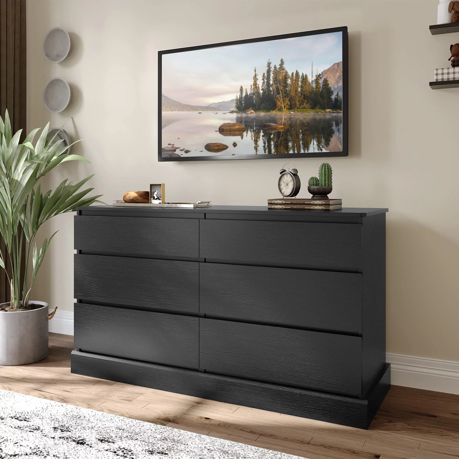 6 Drawer Double Dresser, 51.5''W Wooden Storage Chest of 6 Drawers, Large Capacity Clothing Storage Cabinet, Wide Black Dresser for Bedroom