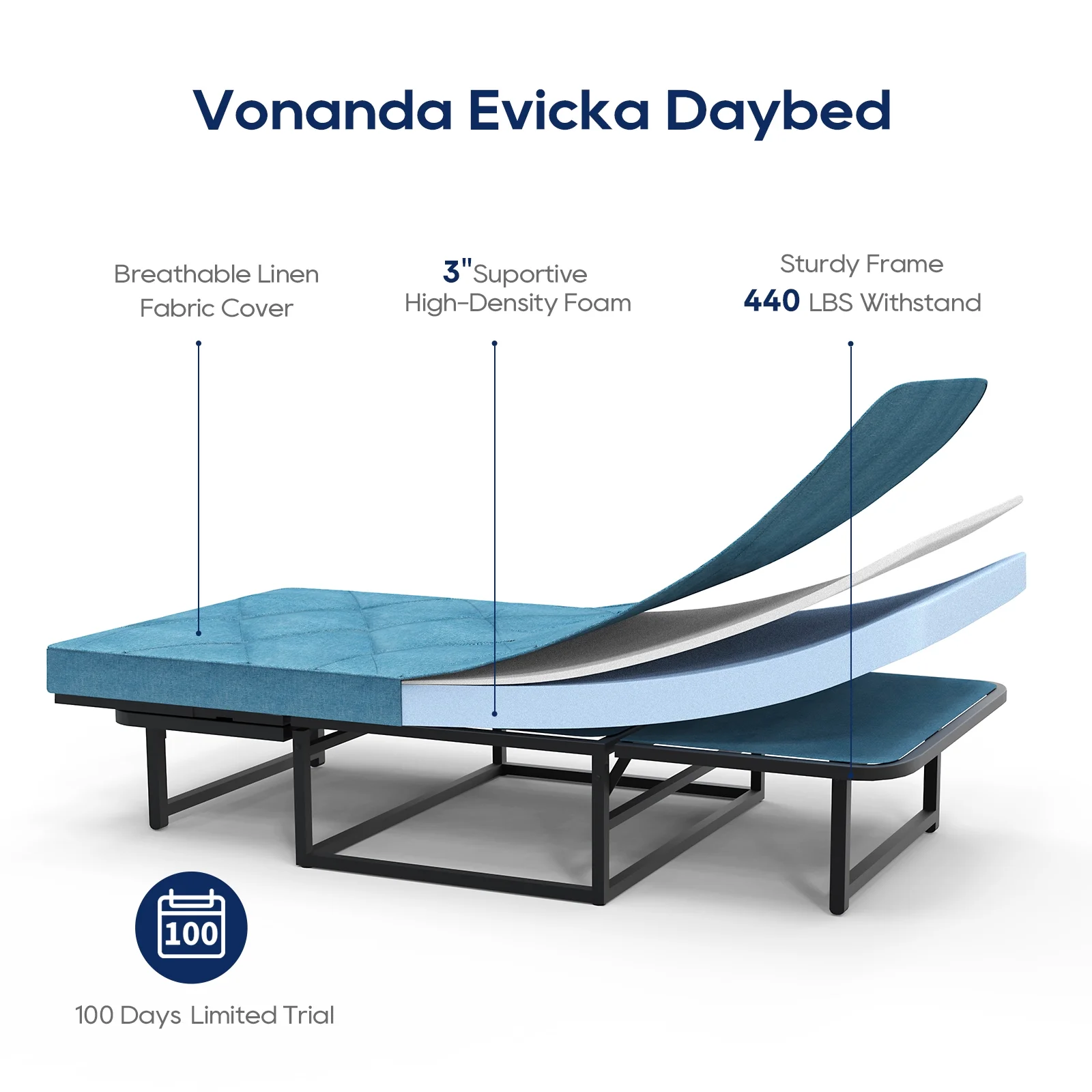 Vonanda Sofa Bed, Convertible Chair 5 in 1 Multi-Function Folding Ottoman with Lock-in Feature, Classic Denim Blue