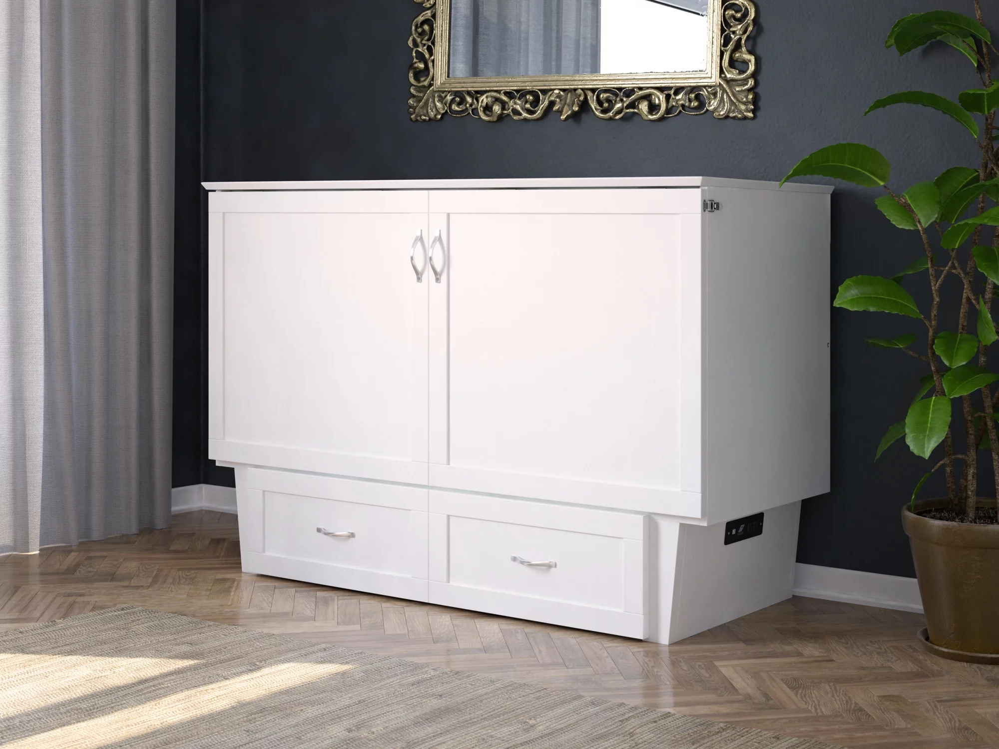 AFI Monroe Queen Solid Wood Murphy Bed Chest with Mattress, Drawer and Charger in White