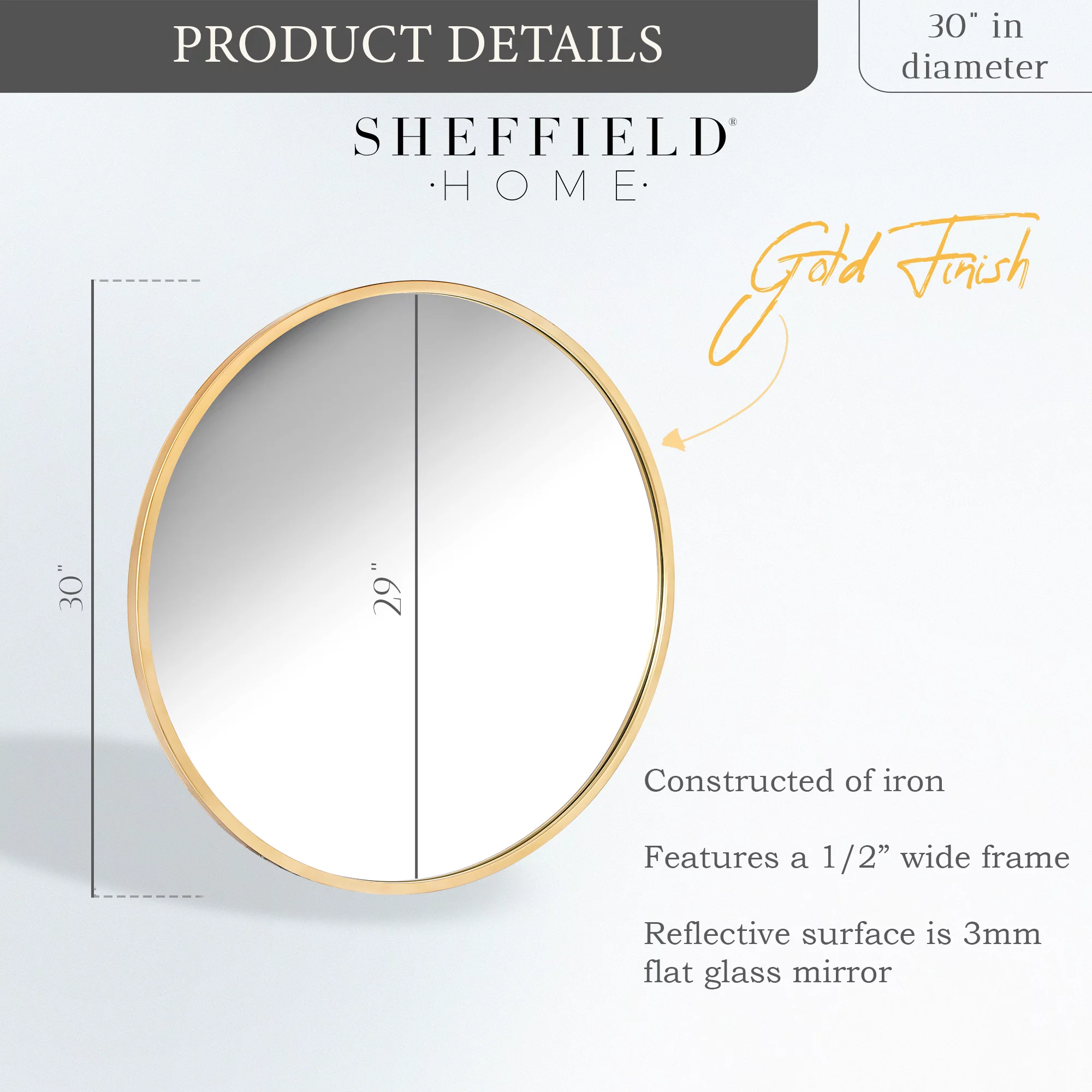 Sheffield Home 30 Inch Round Metal Wall Mirror, Gold