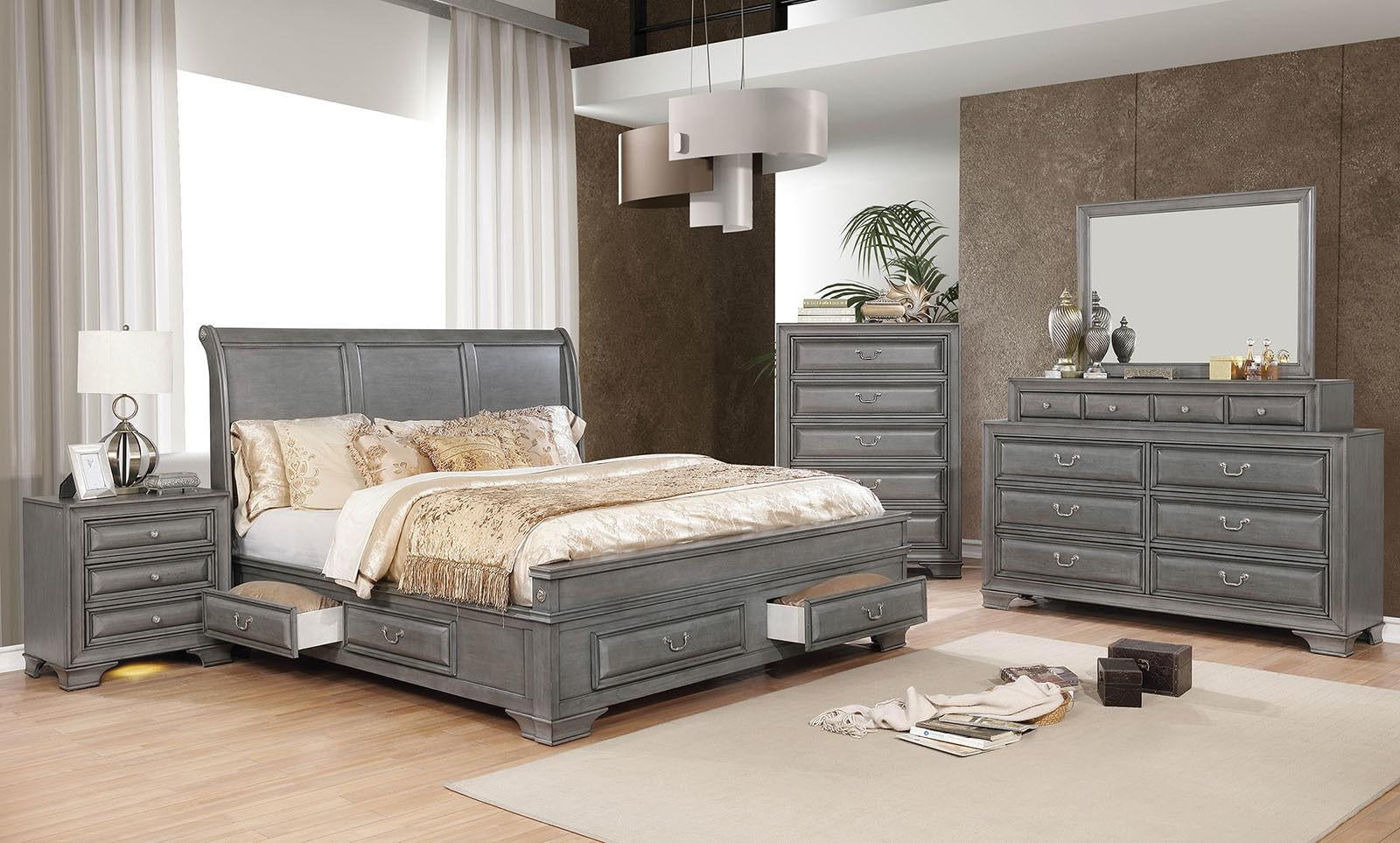Transitional Gray Solid Wood Queen Bedroom Set 5pcs FOA CM7302GY Brandt