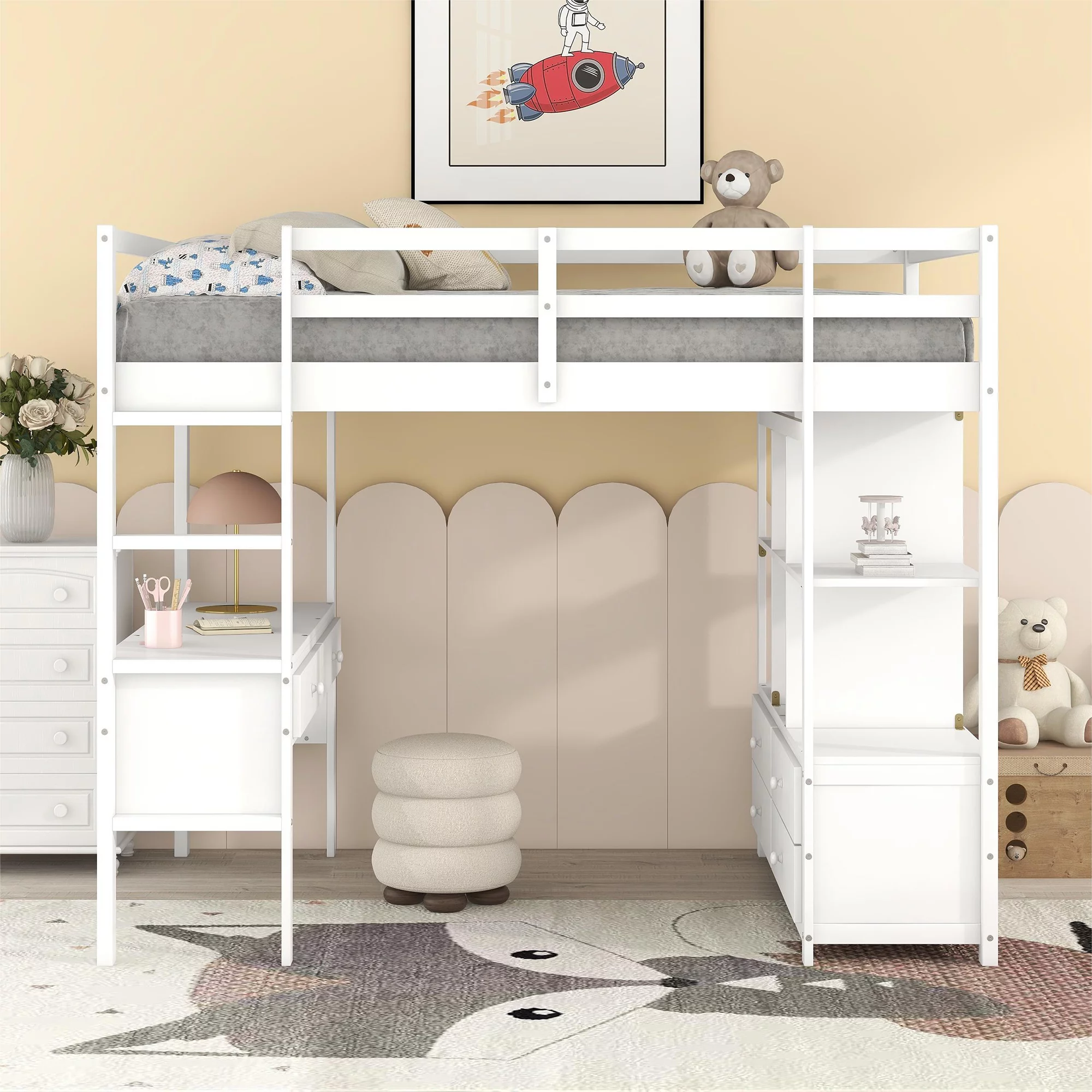 Euroco Full Size Wood Loft Bed with Desk, Drawers and Shelf for Kids Room, White