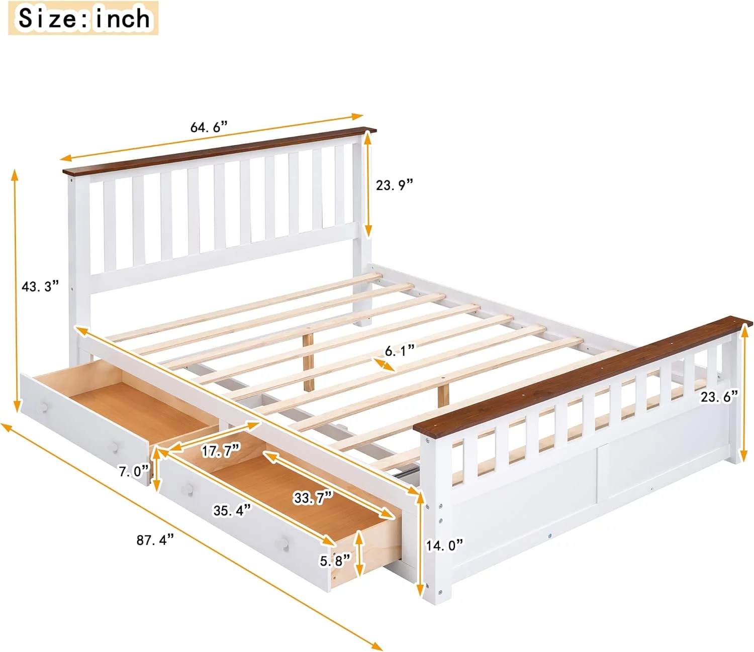 Queen Storage Bed, Queen Size Platform Bed With 2 Drawers And Wooden Slat Support, No Box Spring Needed (White+Walnut)