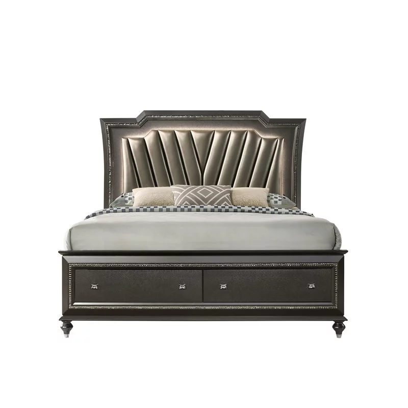 Bowery Hill King Bed with Faux Leather LED Headboard in Gray