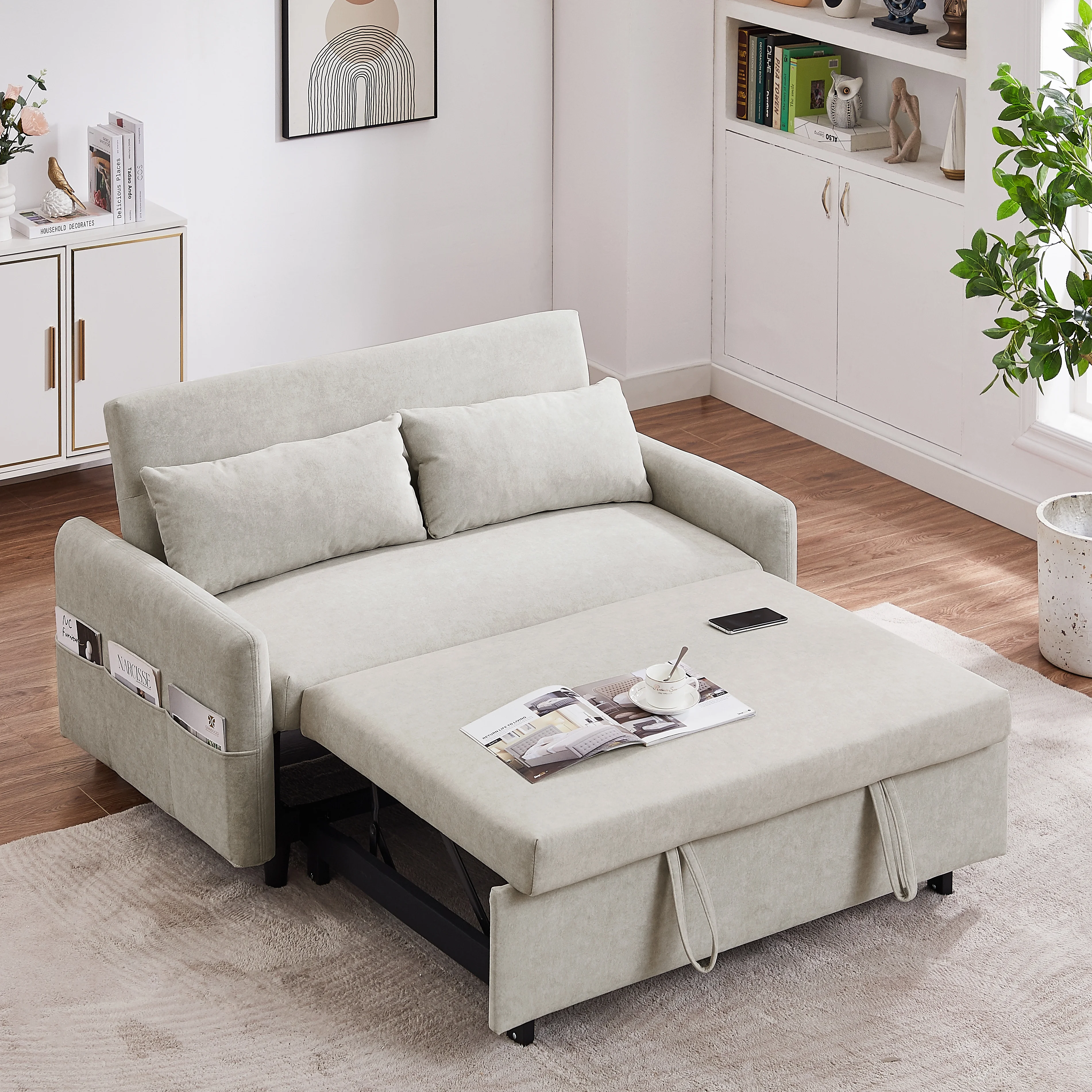 4inLoveMe Microfiber Pull Out Sleep Sofa Bed with Adjustable Backrest, Storage Pockets, USB Ports