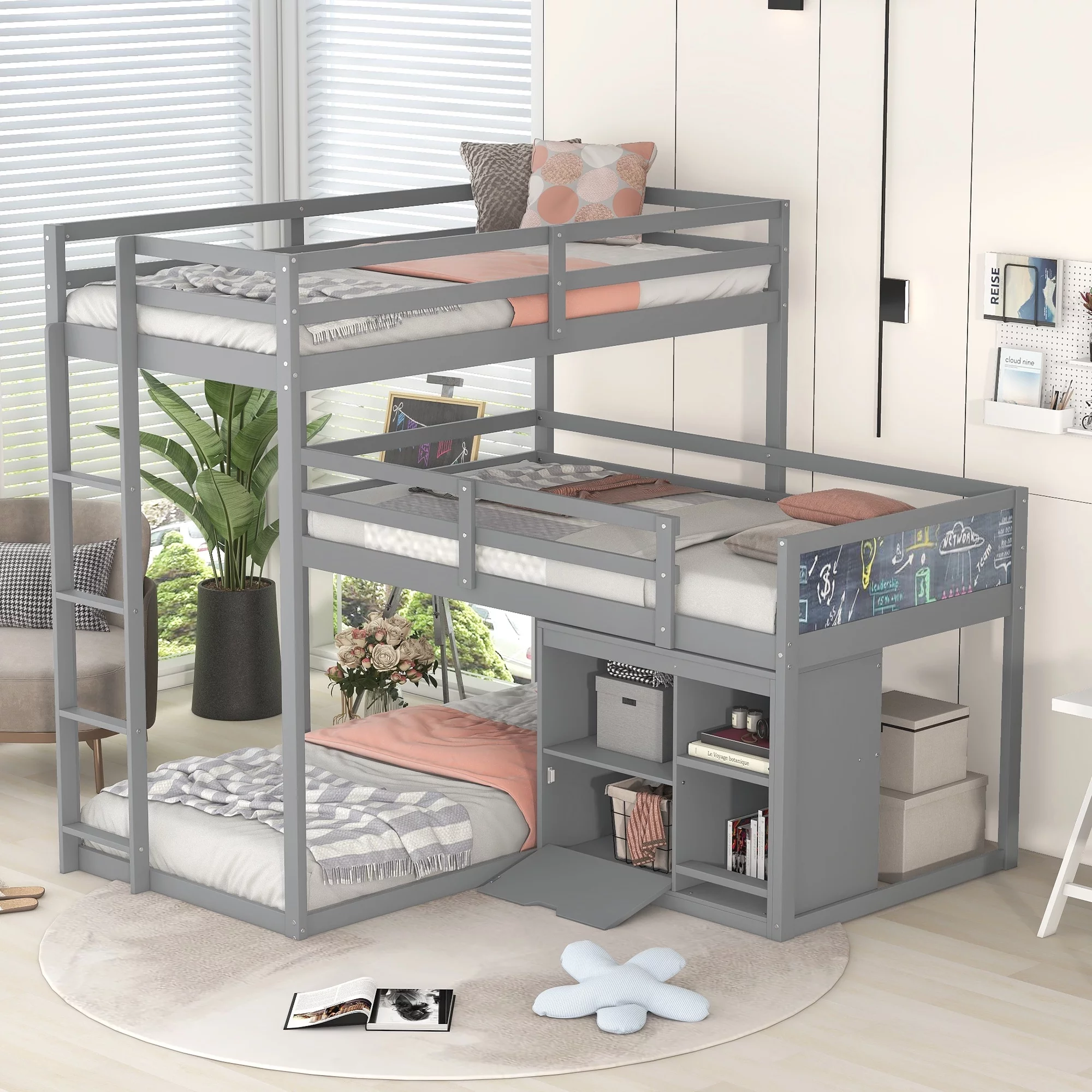 L-shaped Wood Triple Twin Size Bunk Bed with Storage Cabinet, Wooden Bunk Bed Frame with Drawers, Shelves, Cabinets, Bunk Bed Frame with Guardrails (Gray)