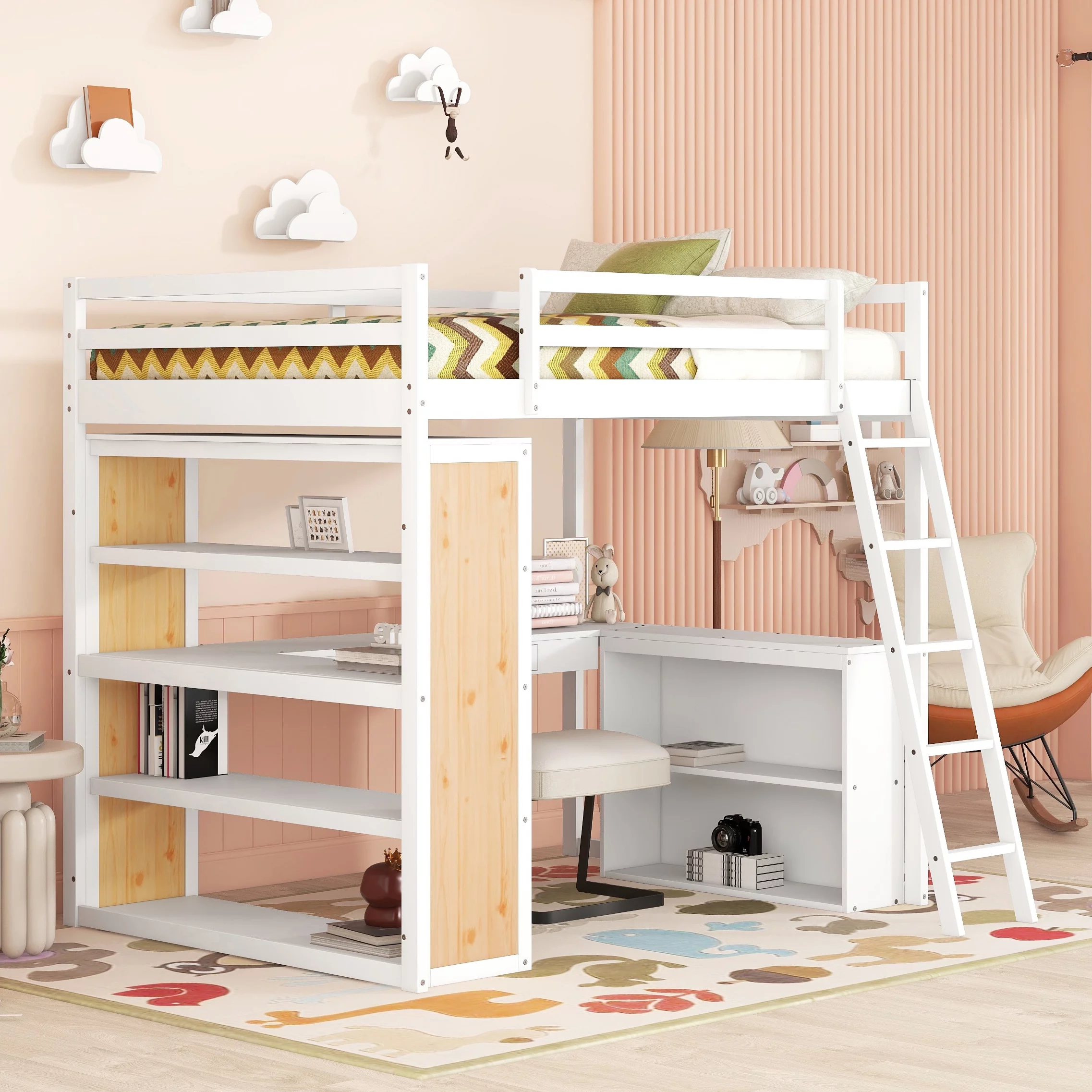 Bellemave Full Size Loft Bed with Desk and Shelves, Wood Loft Bed Frame with with Storage Drawer, Modern High Loft Bed for Kids Teens Adults (White)