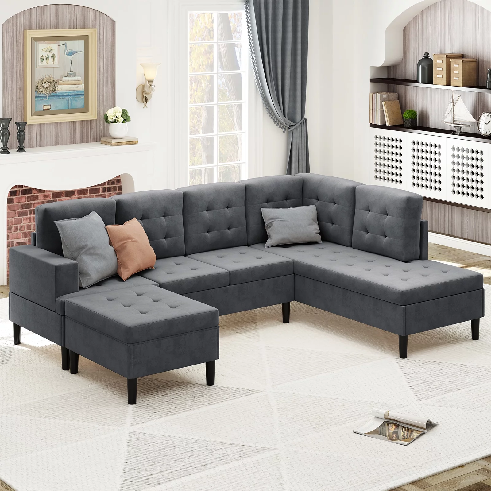 MUZZ Upholstered L-Shape Sectional Sofa,Sleeper Couch with Movable Ottoman for Living Room(Dark Grey)