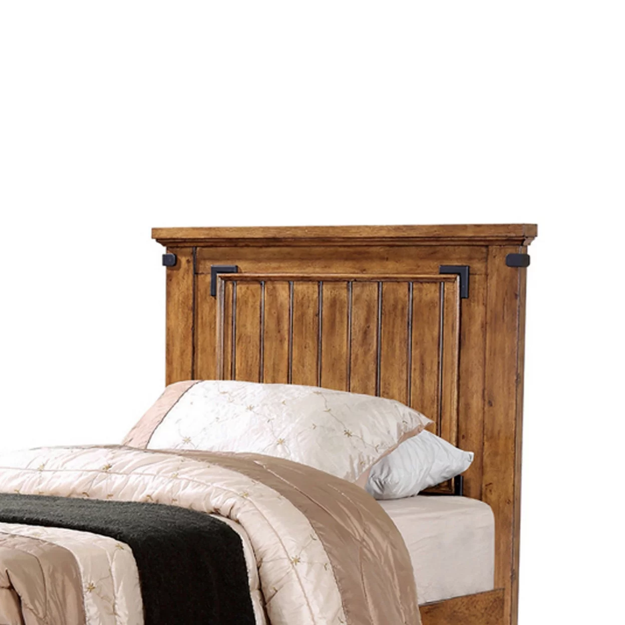 1 Drawer Twin Bed with Plank Detailing and Metal Accents, Brown- Saltoro Sherpi