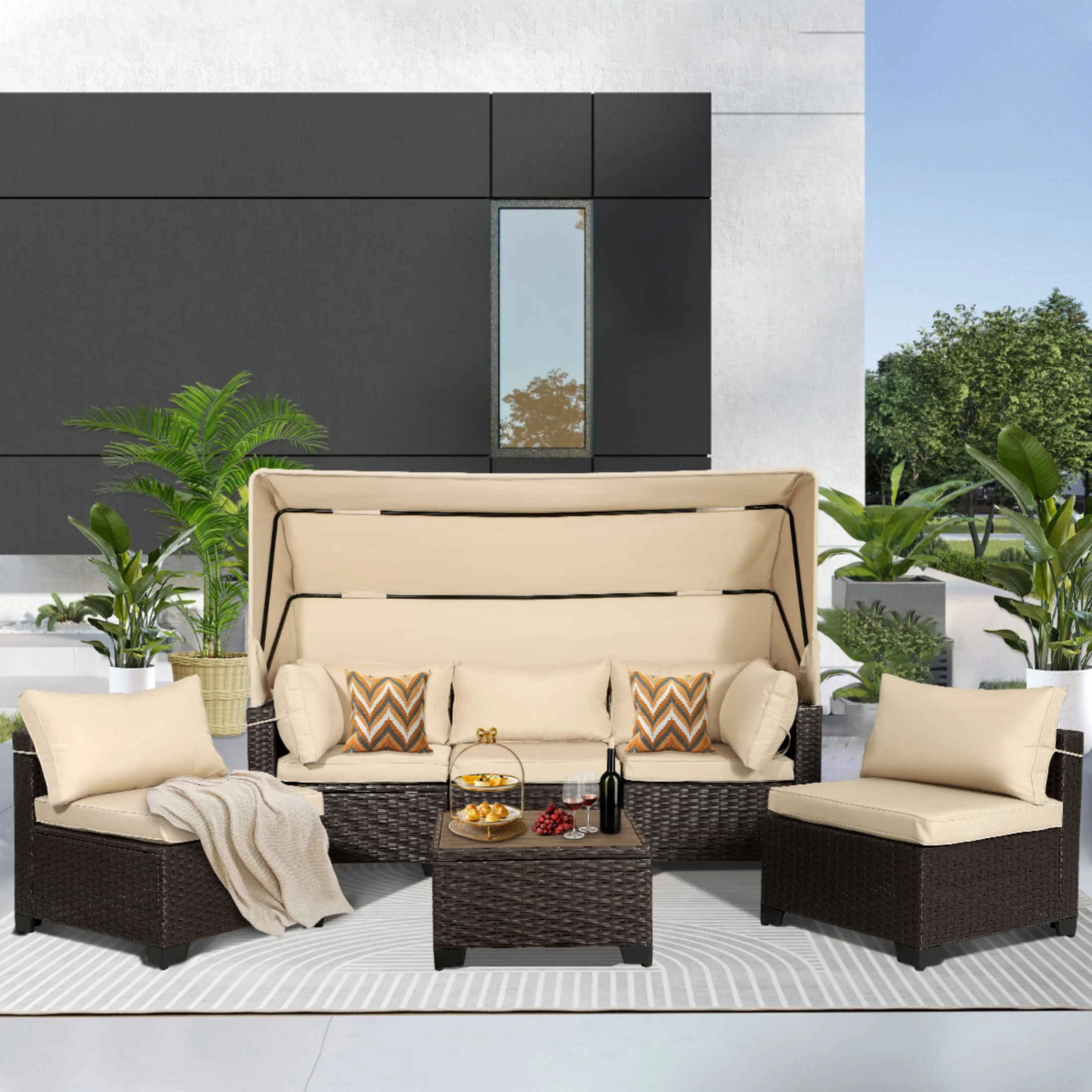 TPHORK 6 Piece Rattan Sectional Sofa Set,Patio Conversation Set,All-Weather Patio Daybed with Canopy