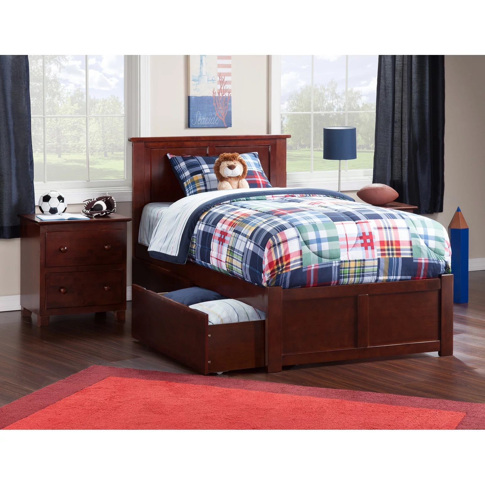 AFI Madison Twin Platform Bed with Footboard and 2 Drawers in Walnut