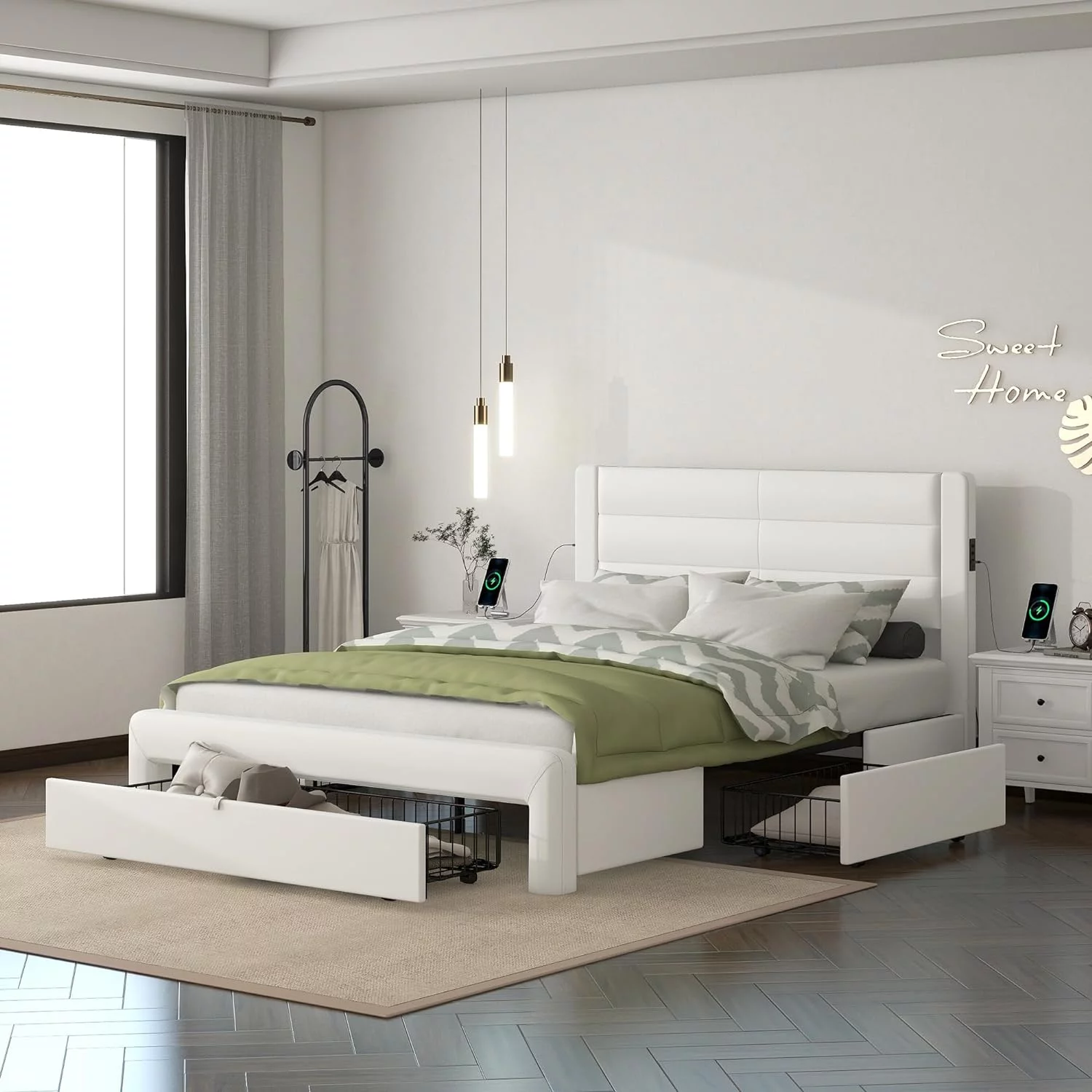 Quee Size Woode Bed Frame With 3 Storage Drawers,Quee PU Leather Upholstered Platform Bed With Headboard Ad Chargig Statio,White