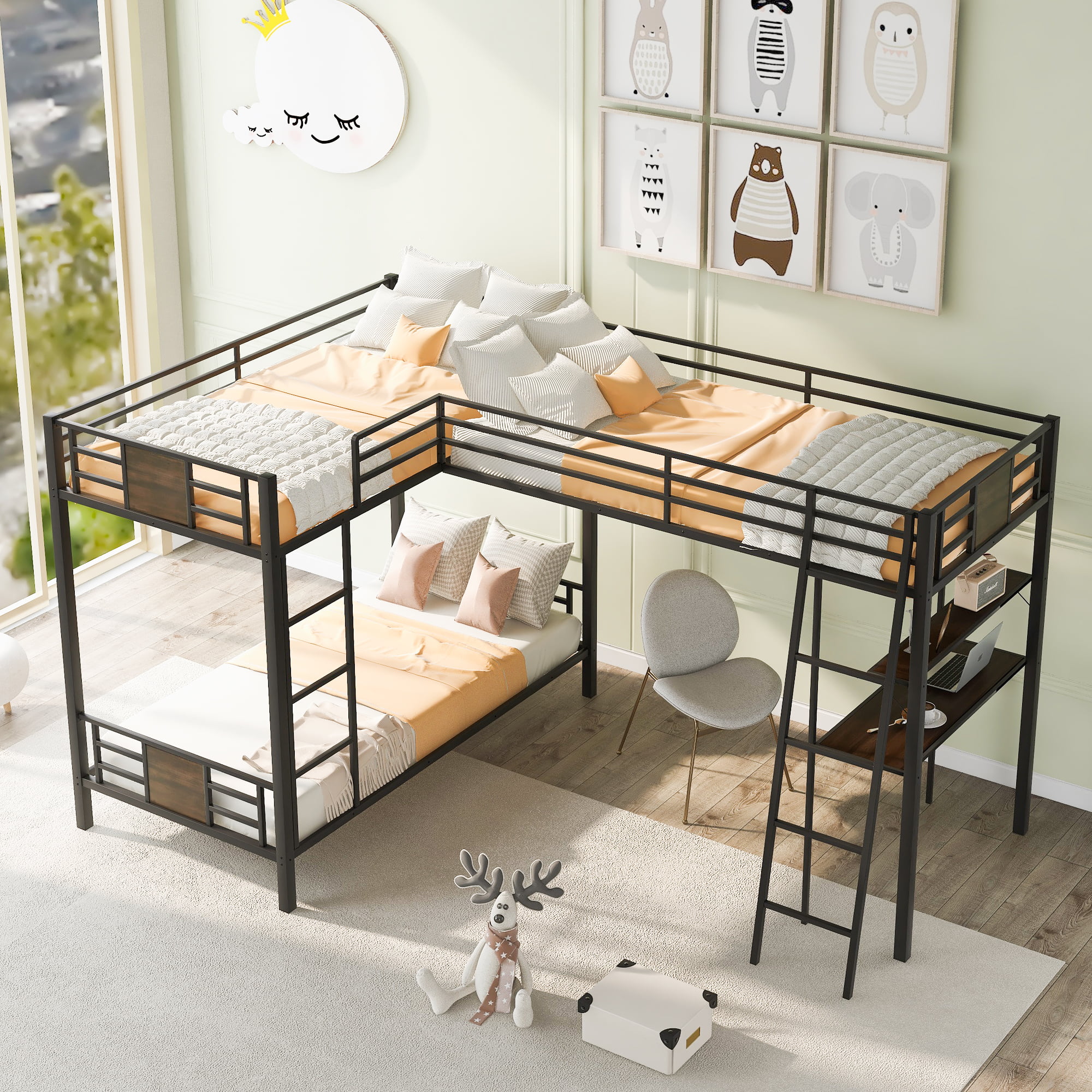 Euroco L-Shaped Twin over Twin Bunk Bed and Twin Loft Bed, Three Beds for More Kids with Study Desk and Shelf for Kids Bedroom, Black+Brown