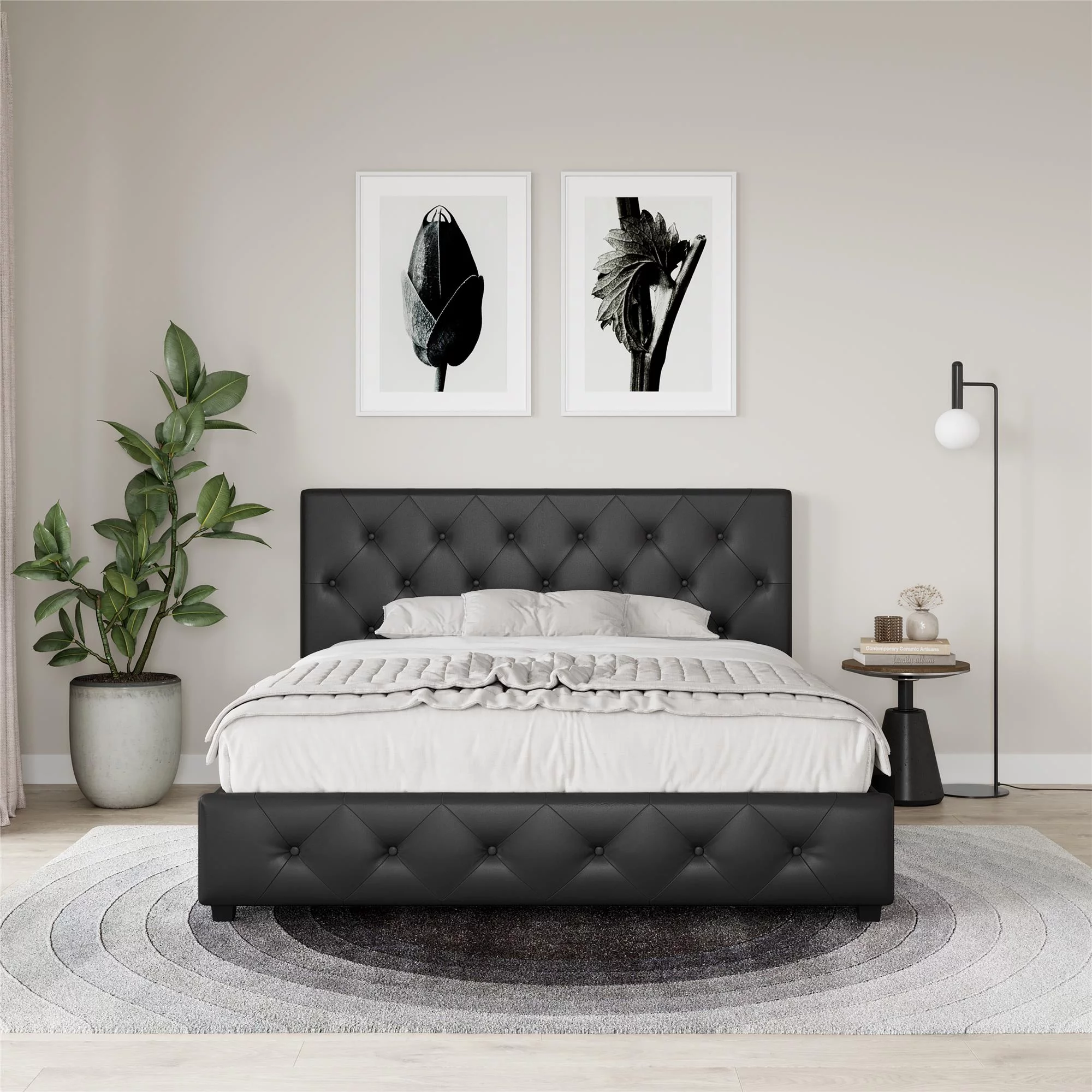 River Street Designs Dean Upholstered Bed With Storage, Black Faux Leather, Queen