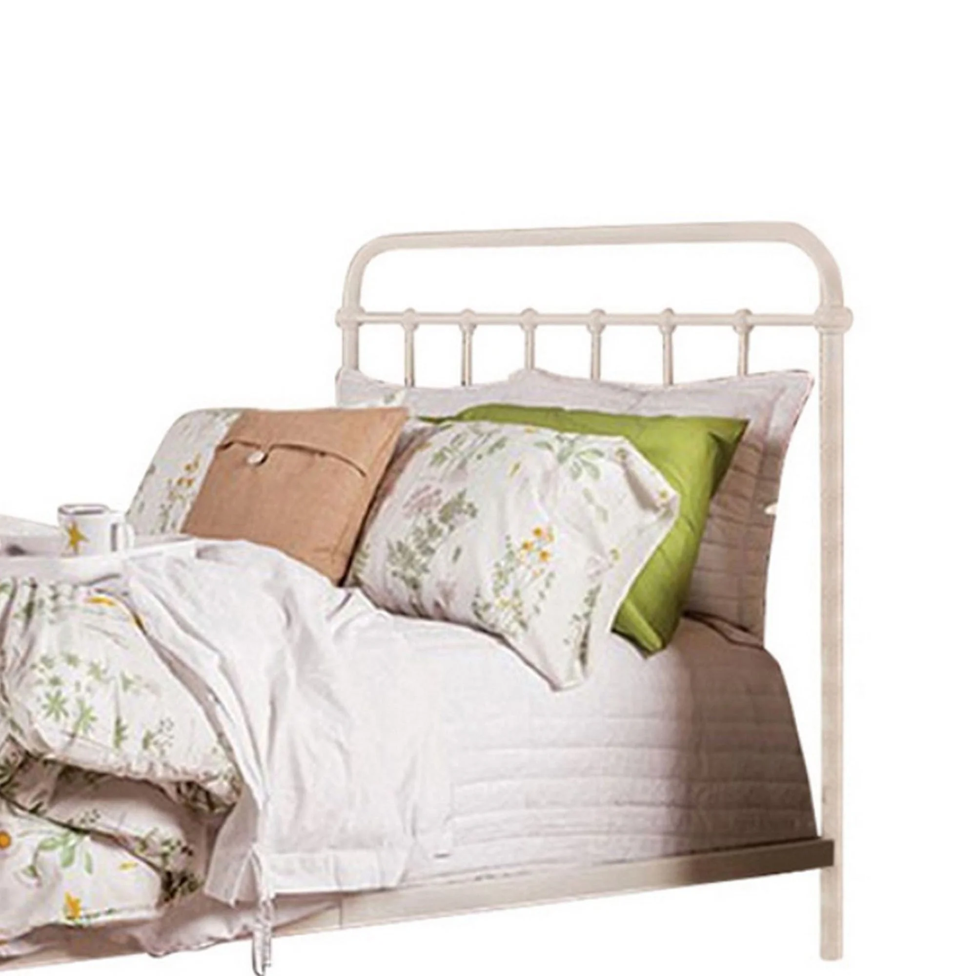 Industrial Style Metal Frame Twin Size Bed with Spindle Design Antique White- Saltoro Sherpi