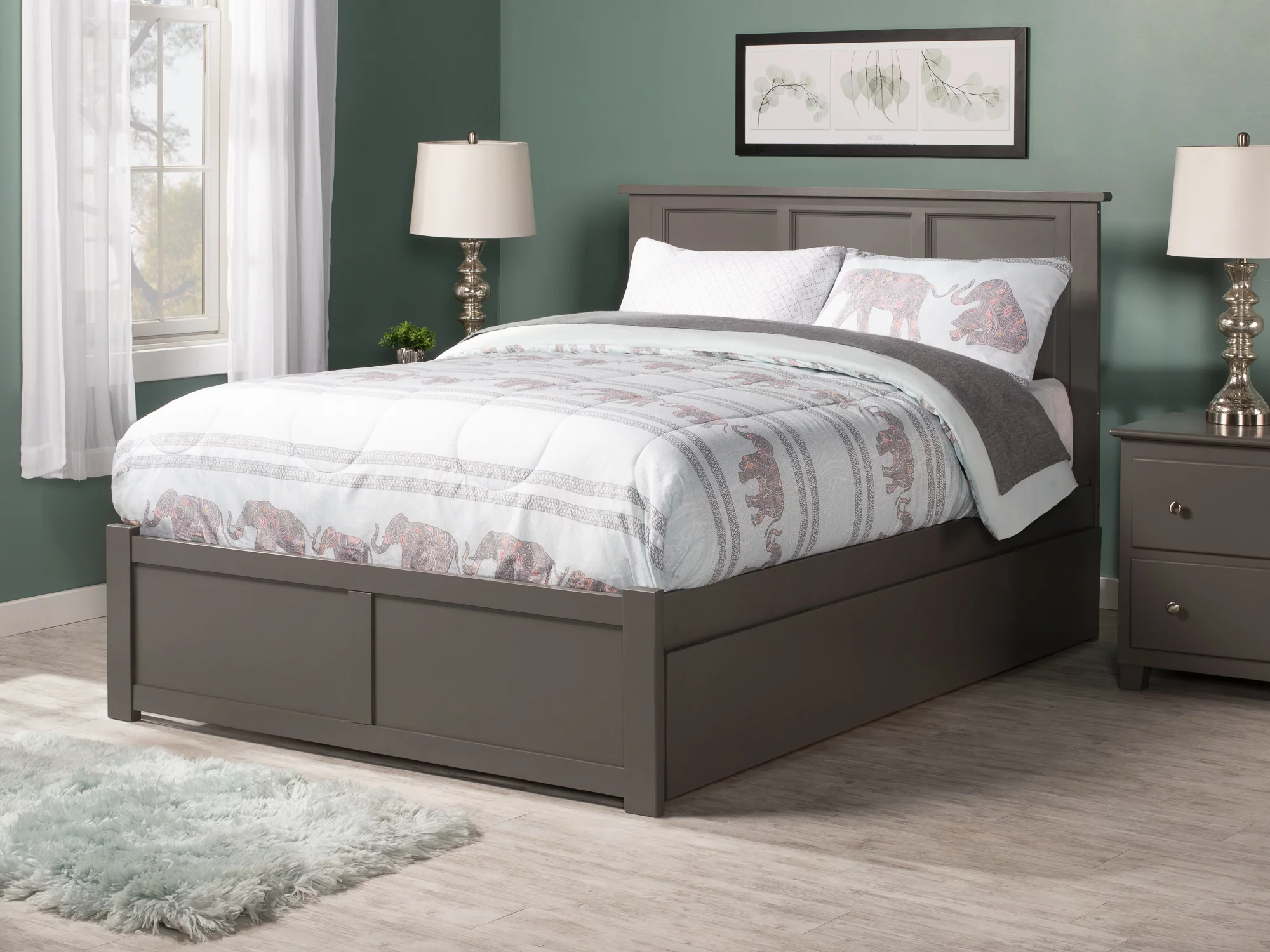 Madison Full Platform Bed with Flat Panel Foot Board and Full Size Urban Trundle Bed in Grey