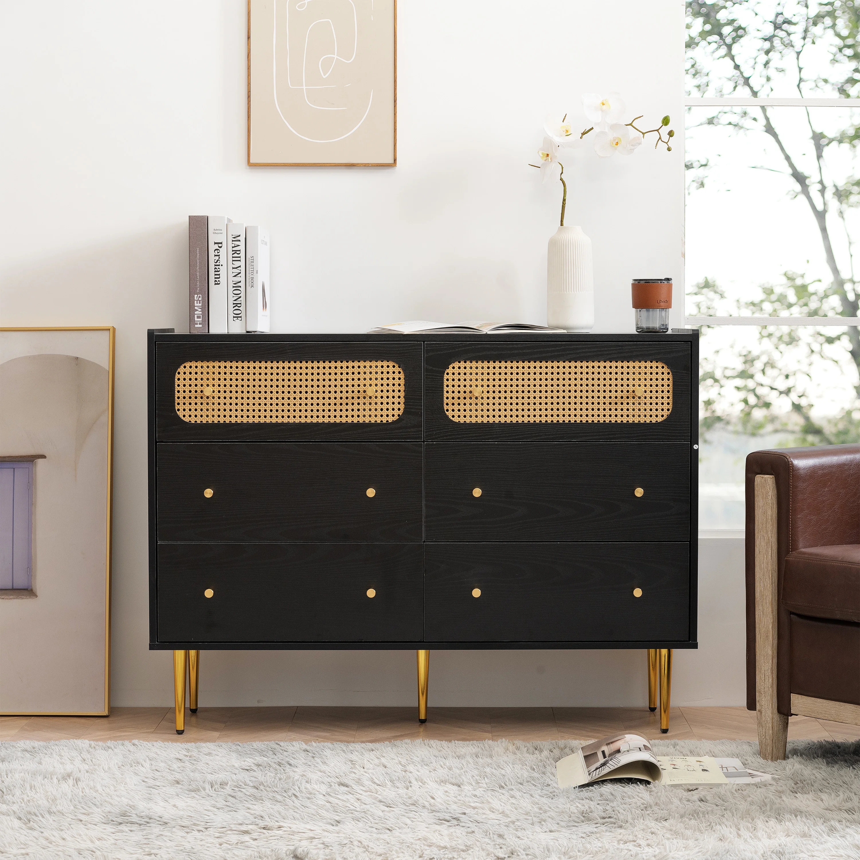 Glavbiku Modern Rattan Dresser for Bedroom,Chest of 6 Drawers,Wood Storage Cabinet,White,Adult