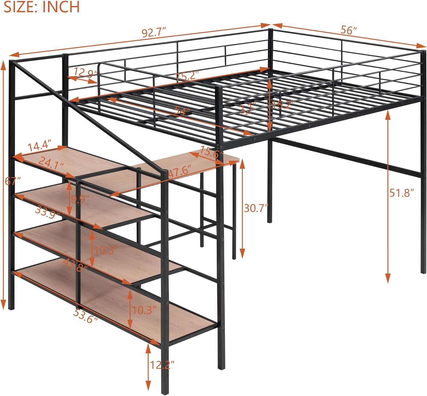 Full Size Metal Loft Bed with 4-Layers Lateral Storage Ladder,Space Saving Full Loft Bed Frame with Desk