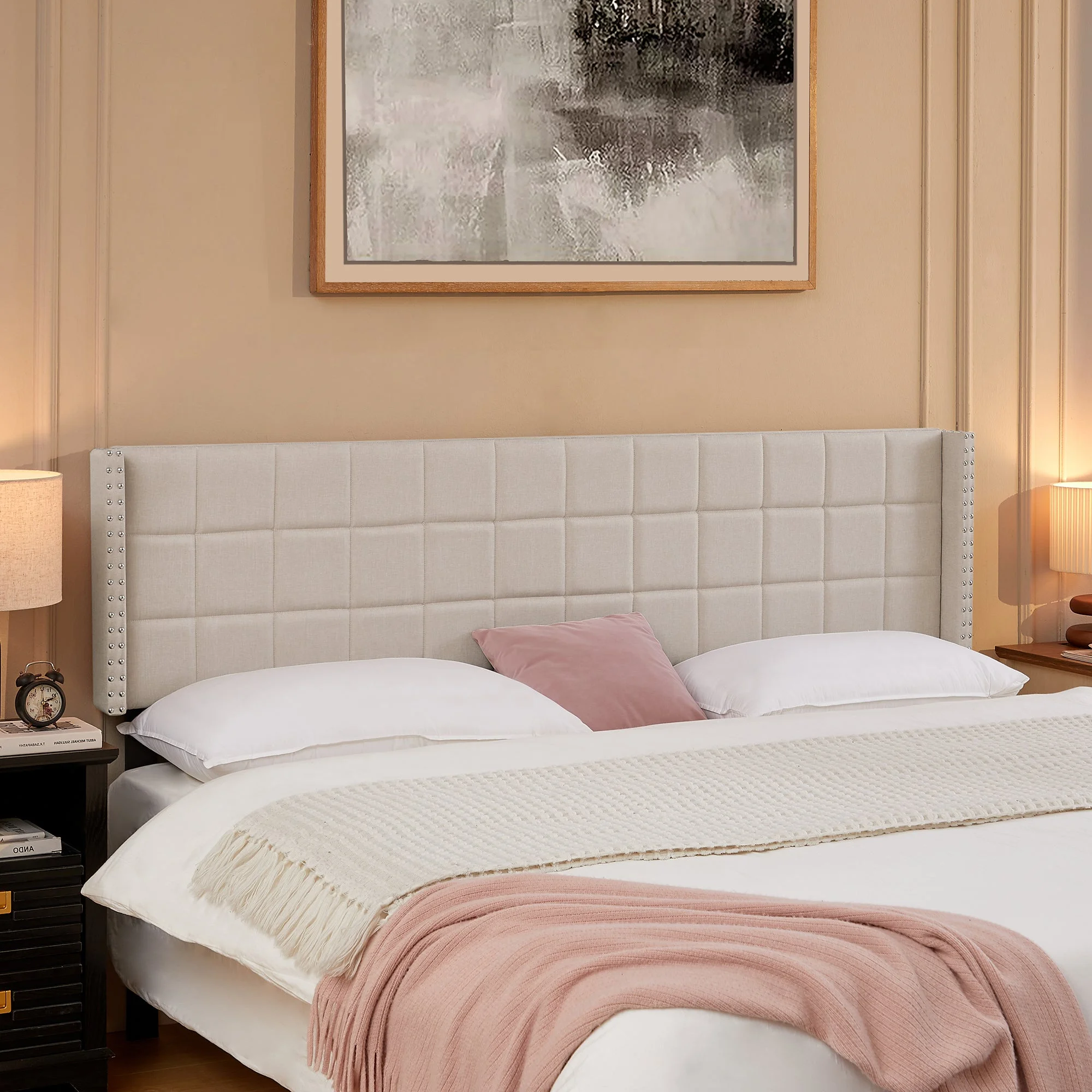 VECELO King Size Adjustable Height Upholstered Headboard, Modern Wingback Headboard with Double Nailhead Trimming and Button Tufting for Bedroom, Beige