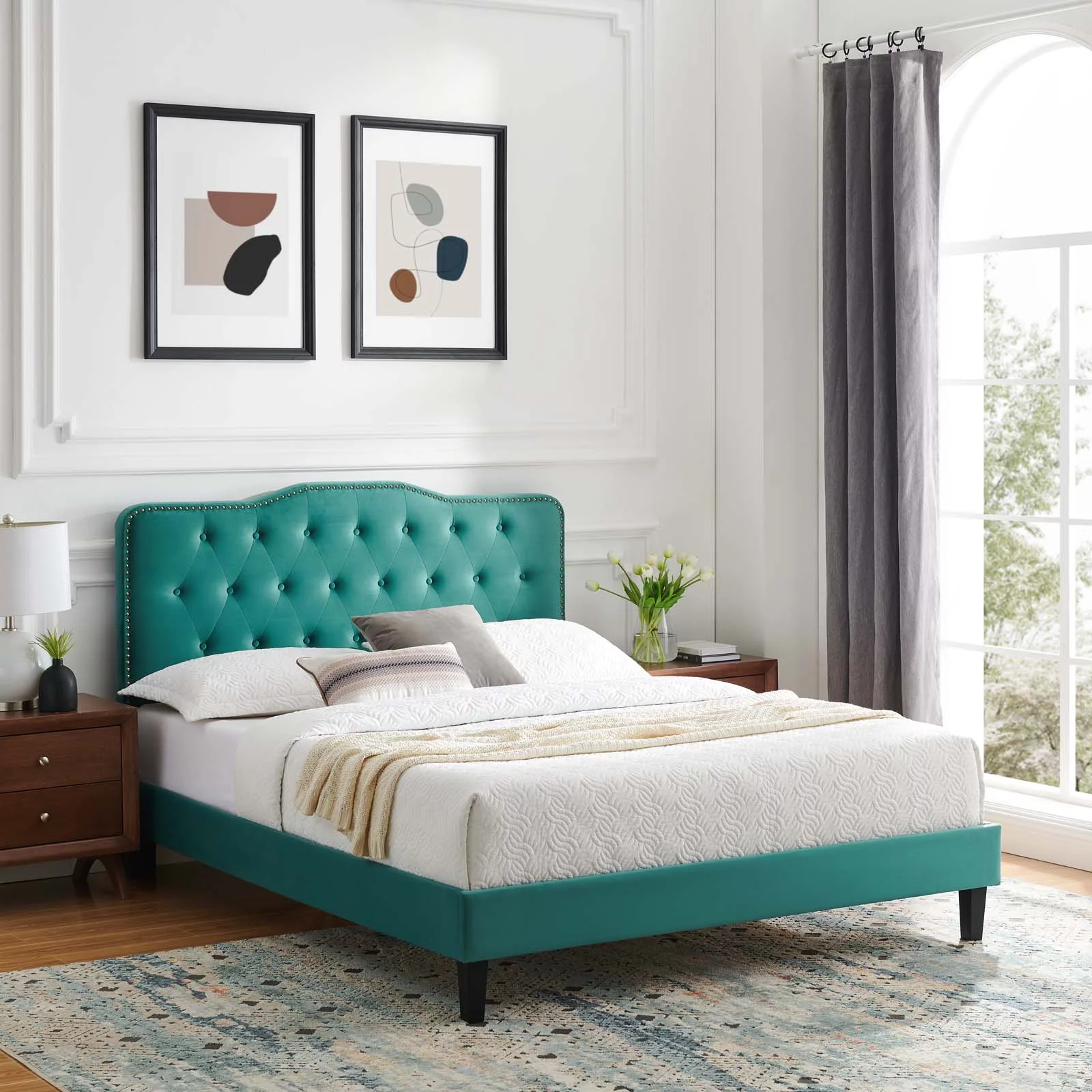 Modway Amber Tufted Performance Velvet King Platform Bed in Teal