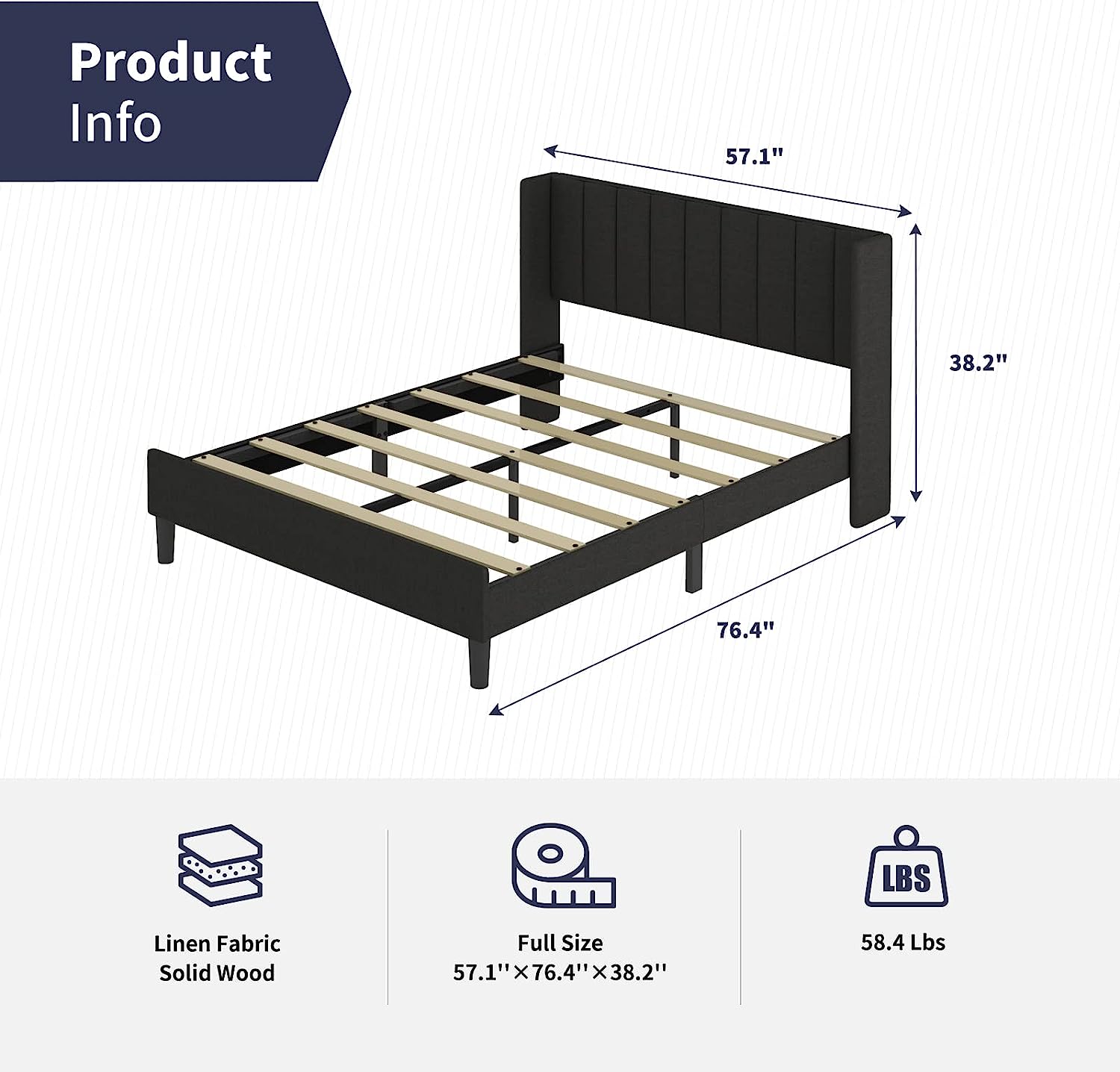 ZAFLY Full Linen Upholstered Platform Bed Frame,Full Size Bed Frame with Modern Geometric Wingback Headboard,Wood Slat Support,No Box Spring Needed,Easy Assembly (Full Size,Black)