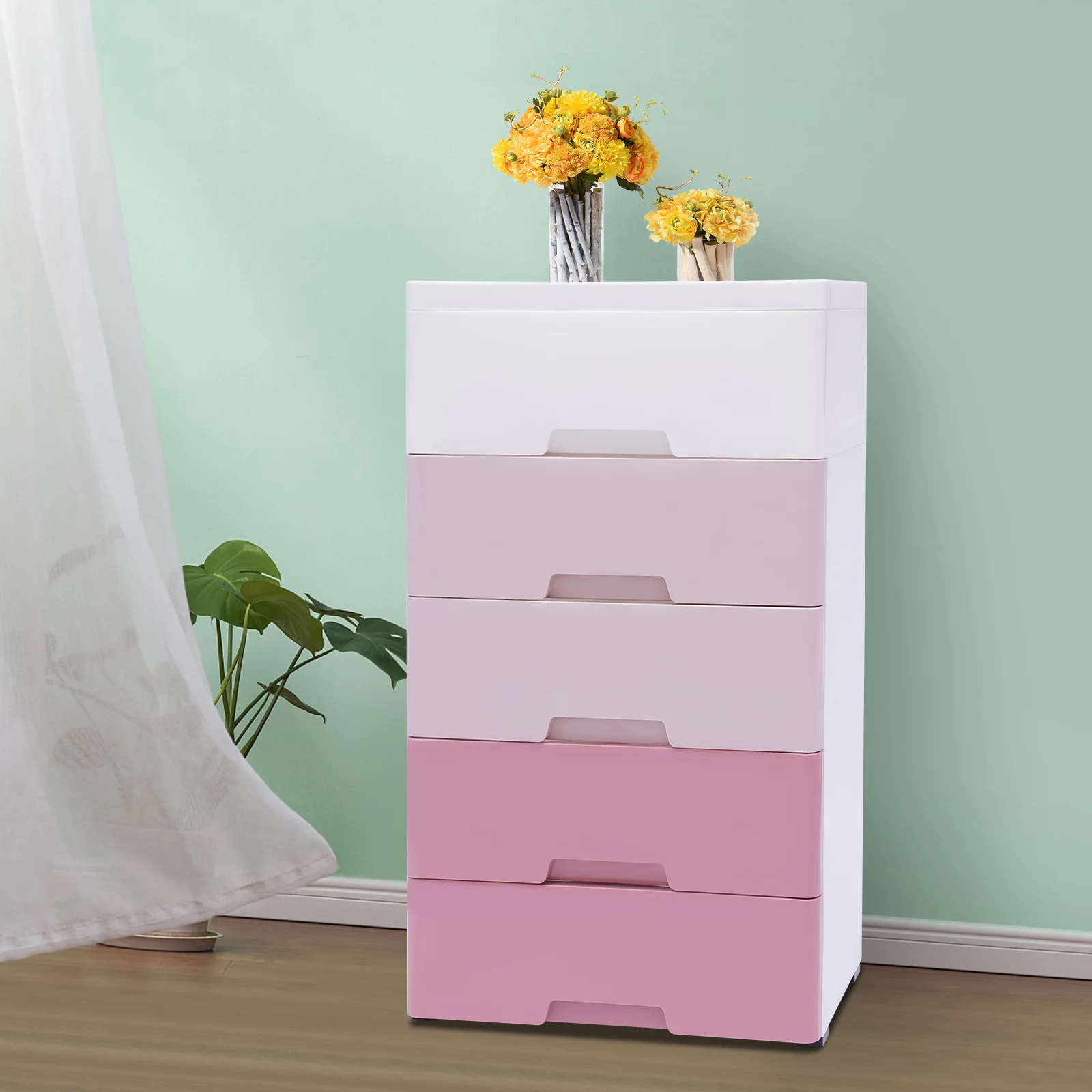 Aiqidi 5 Plastic Drawers Dresser Vertical Clothes Storage Chest Bedroom Tower Closet Organizer Cabinet Cart on Wheels, Pink