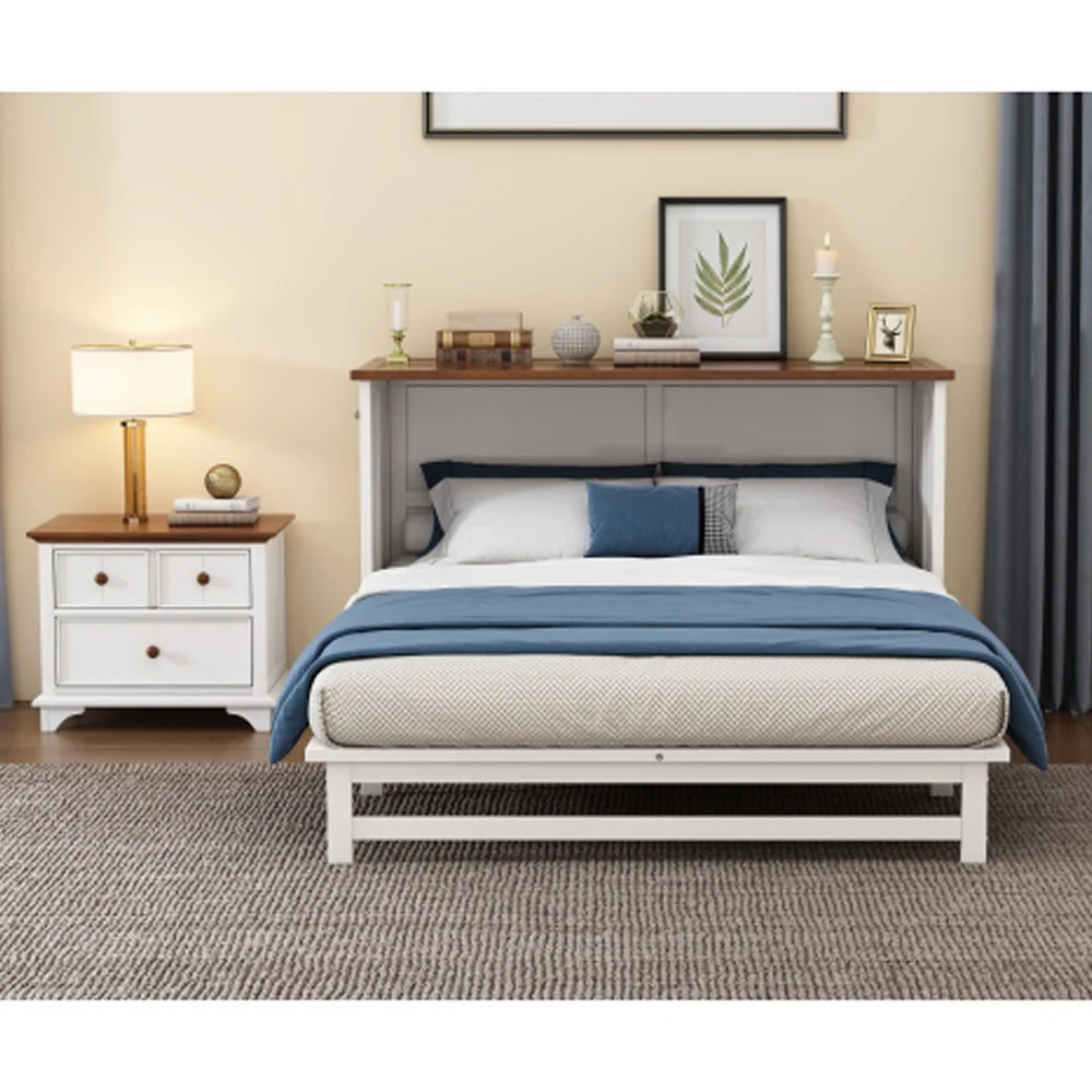 2 Pieces Wooden Bedroom Set Queen Murphy Bed and Nightstand, White+Walnut