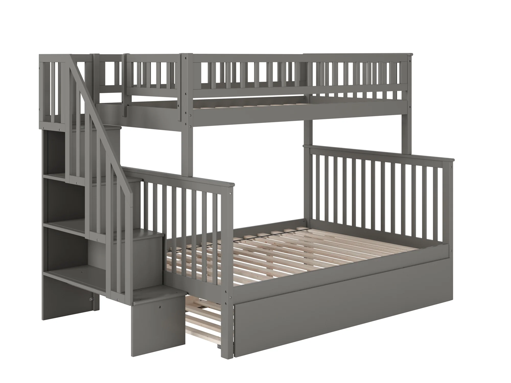 Woodland Staircase Bunk Bed Twin over Full with Twin Size Urban Trundle Bed in Grey