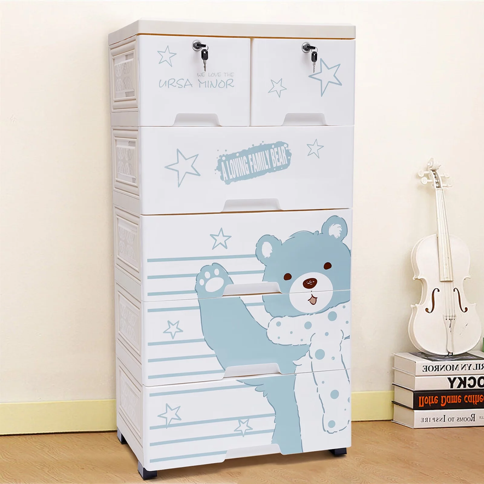 Aiqidi 6 Plastic Drawers Dresser, 5 Layers Storage Cabinet Tower Chest Bedroom Closet Organizer w/Wheels and Locks (Polar Bear)