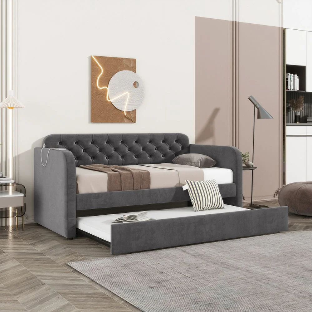 Twin Size Upholstered Daybed with Trundle and USB Charging Design - Grey
