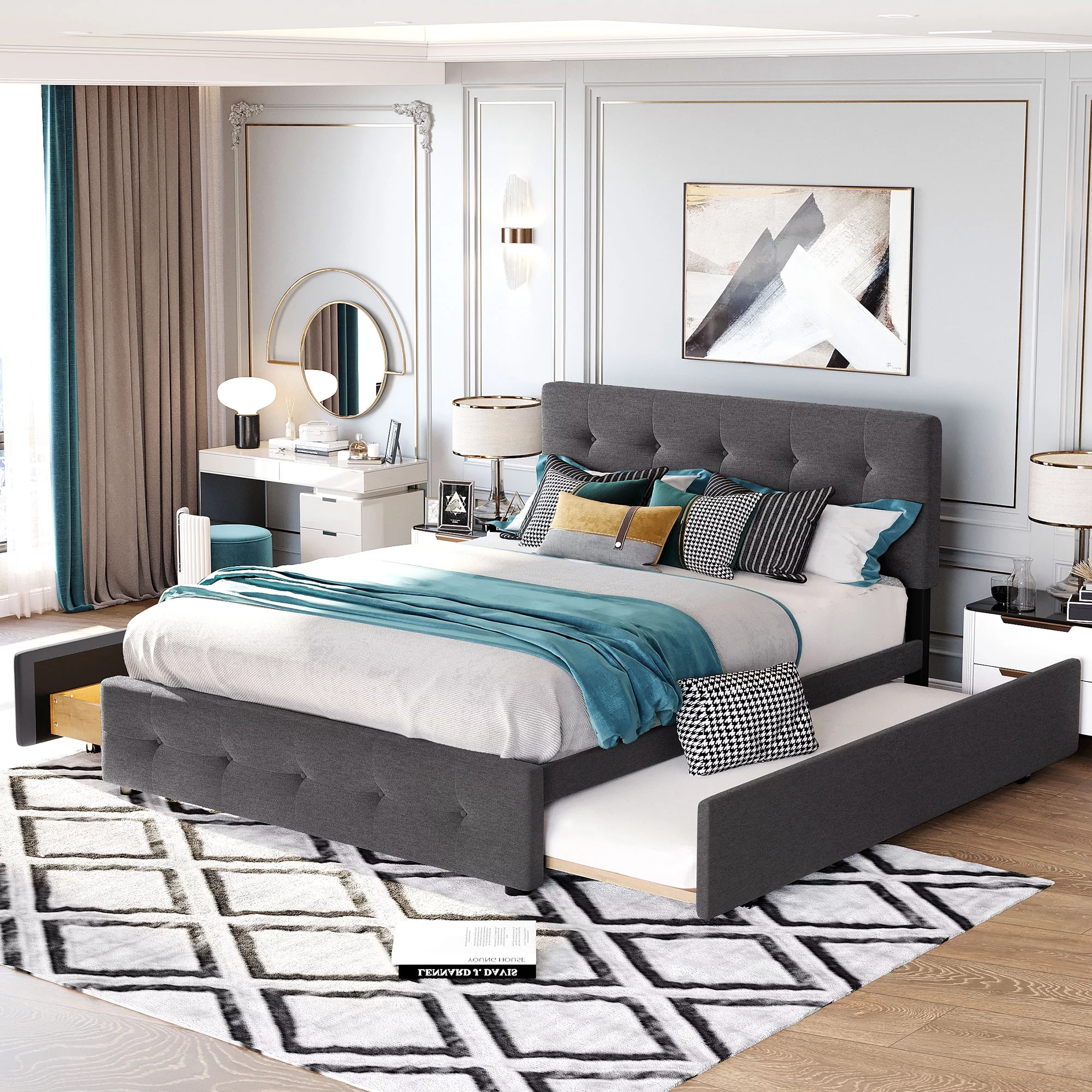 CoSoTower Upholstered Platform Bed with 2 Drawers and 1 Twin XL Trundle, Linen Fabric, Queen Size - Dark Gray
