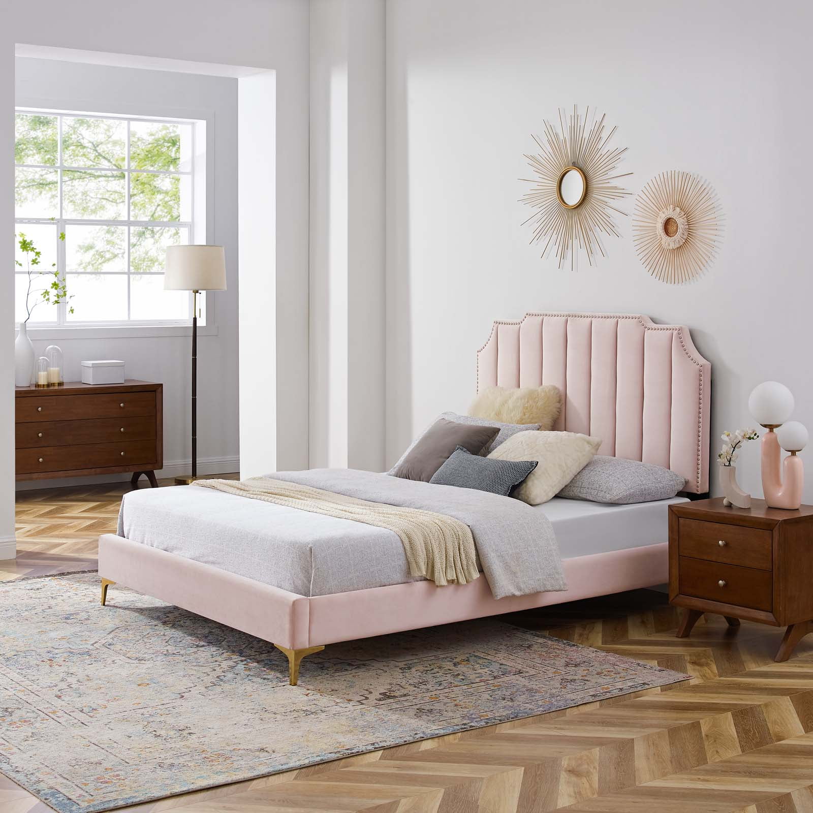 Modway Colette King Performance Velvet Platform Bed in Pink
