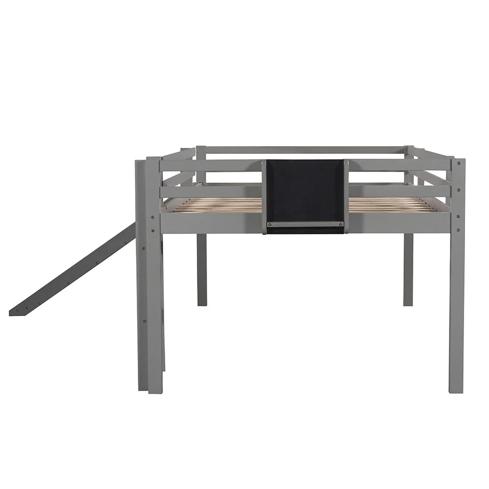 LivEditor Full Size Loft Bed Wood Bed, Convertible Ladder and Slide Grey