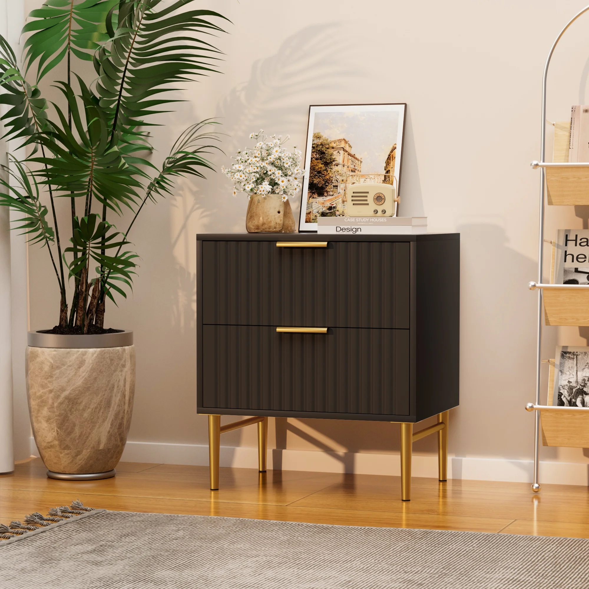 Glavbiku Modern Wood 2 Drawers Nightstand,Vintage Bedside Table for Bedroom,Black,Adult,23.5